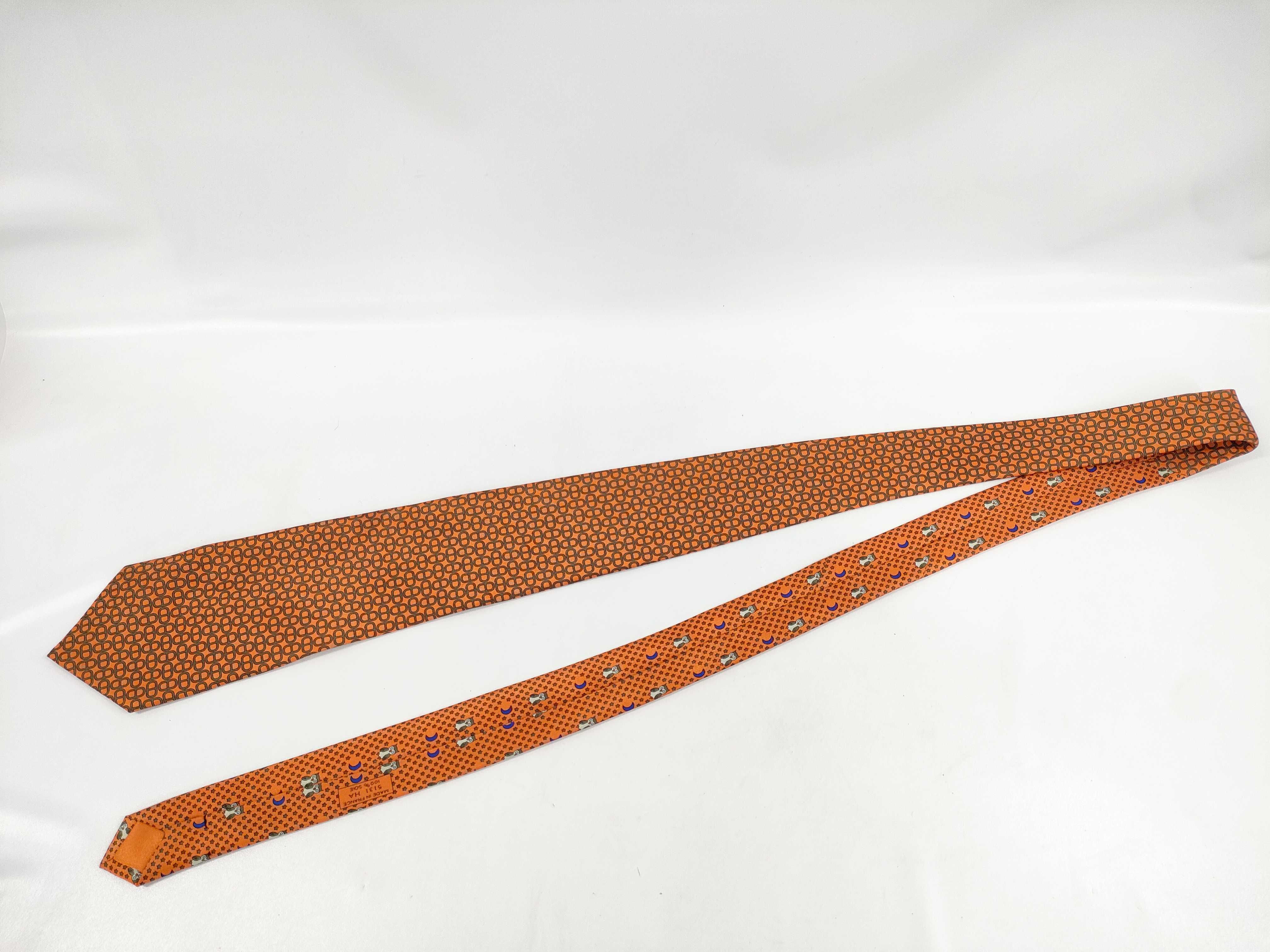 Hermes Orange Silk Chaine d'Ancre Motif Necktie with Owl Print Tipping