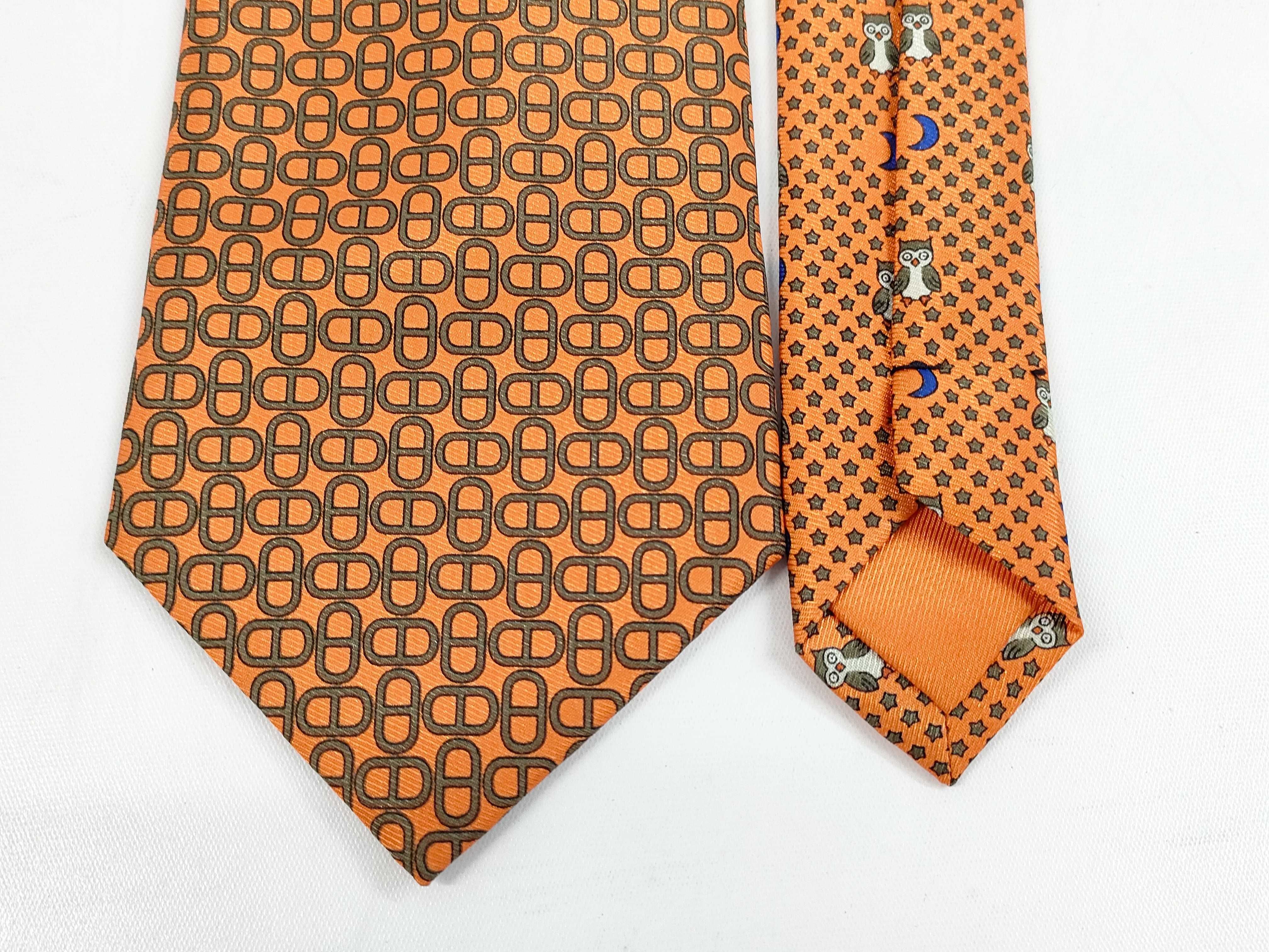 Hermes Orange Silk Chaine d'Ancre Motif Necktie with Owl Print Tipping