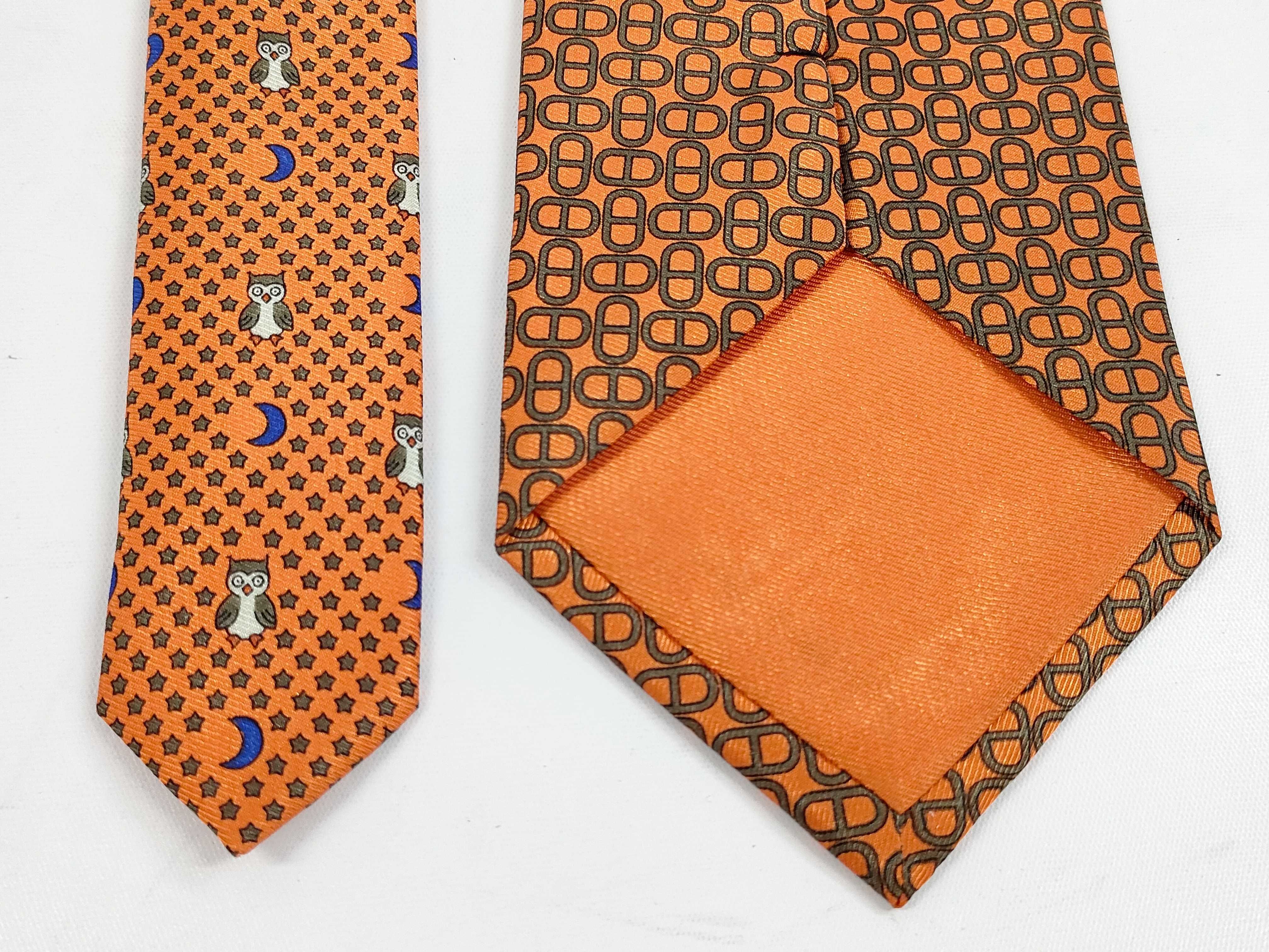 Hermes Orange Silk Chaine d'Ancre Motif Necktie with Owl Print Tipping