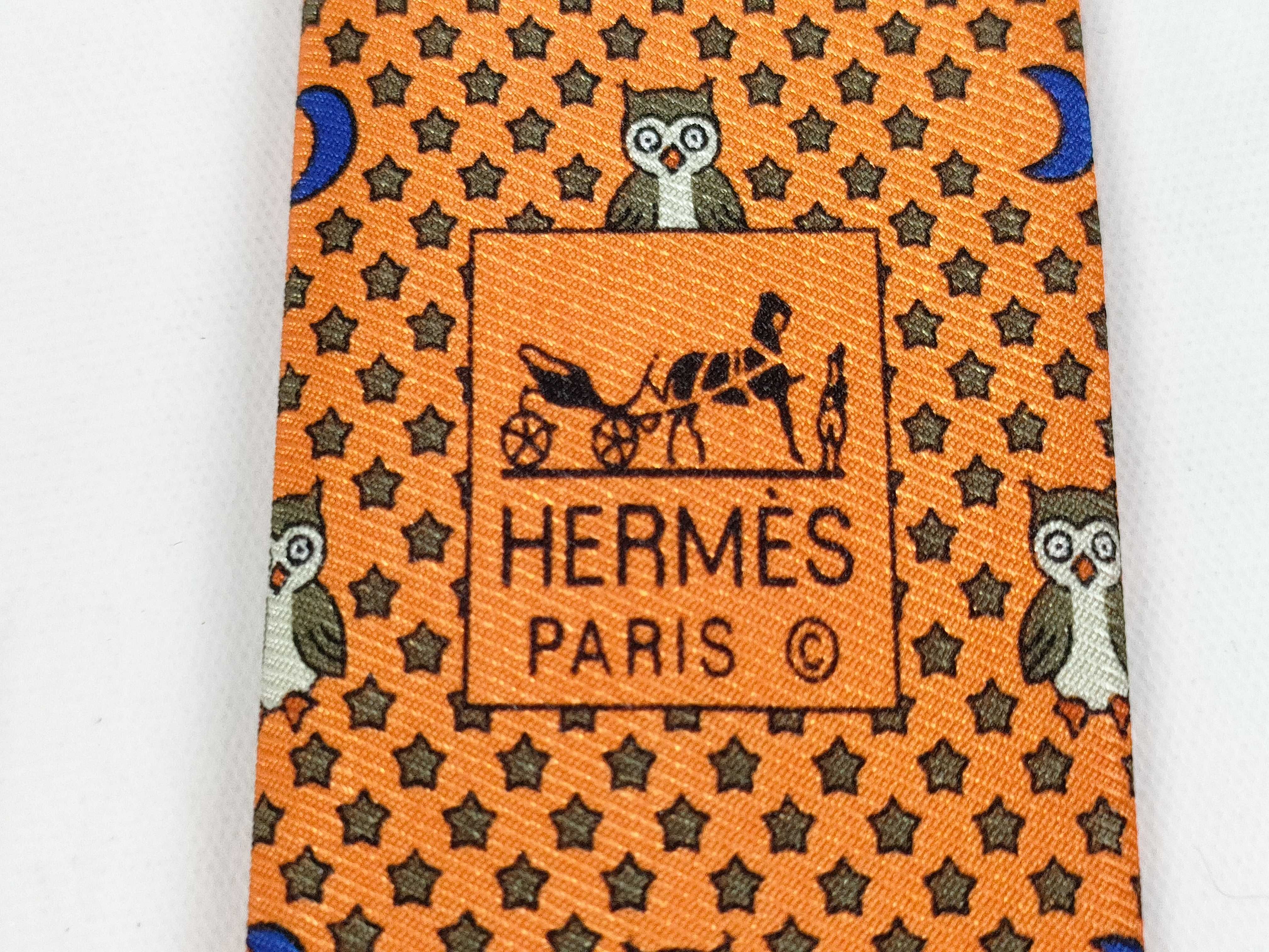 Hermes Orange Silk Chaine d'Ancre Motif Necktie with Owl Print Tipping