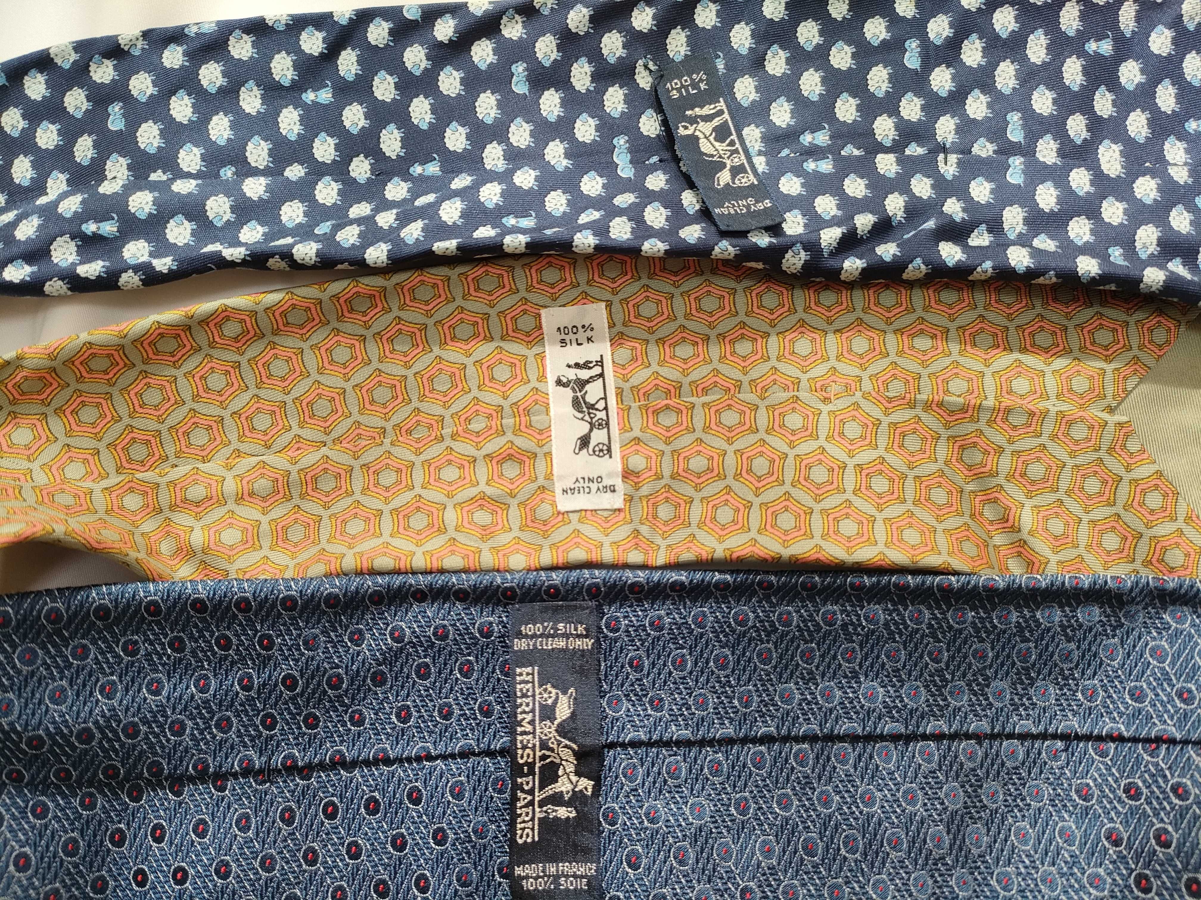 Three Hermes Printed Silk Neckties in Figural and Geometric Patterns
