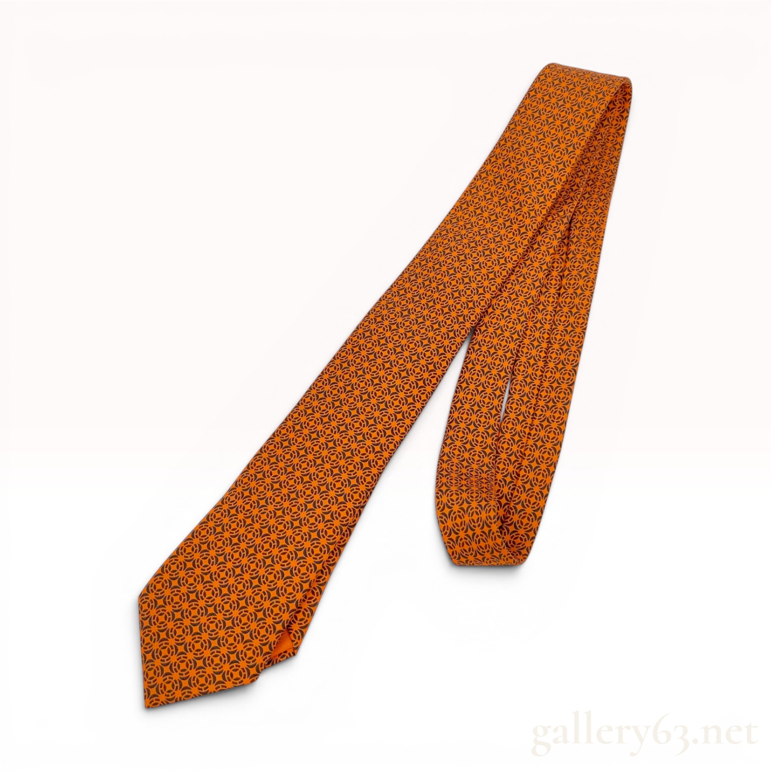 Hermes Orange Geometric H Circle Logo Silk Necktie