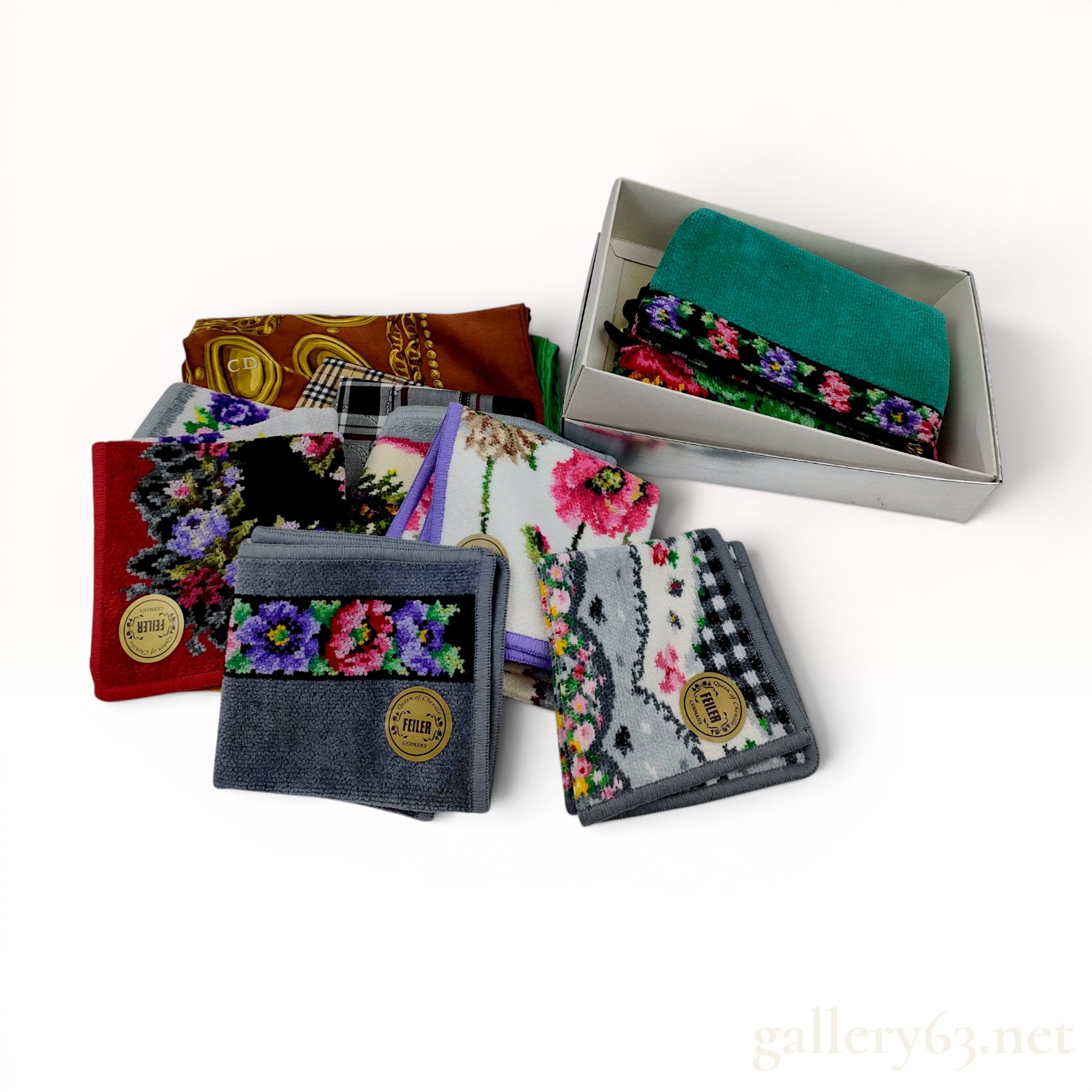 A Collection of Designer Scarves and Pocket Squares Including Christian Dior, Nina Ricci, MCM, and Feiler