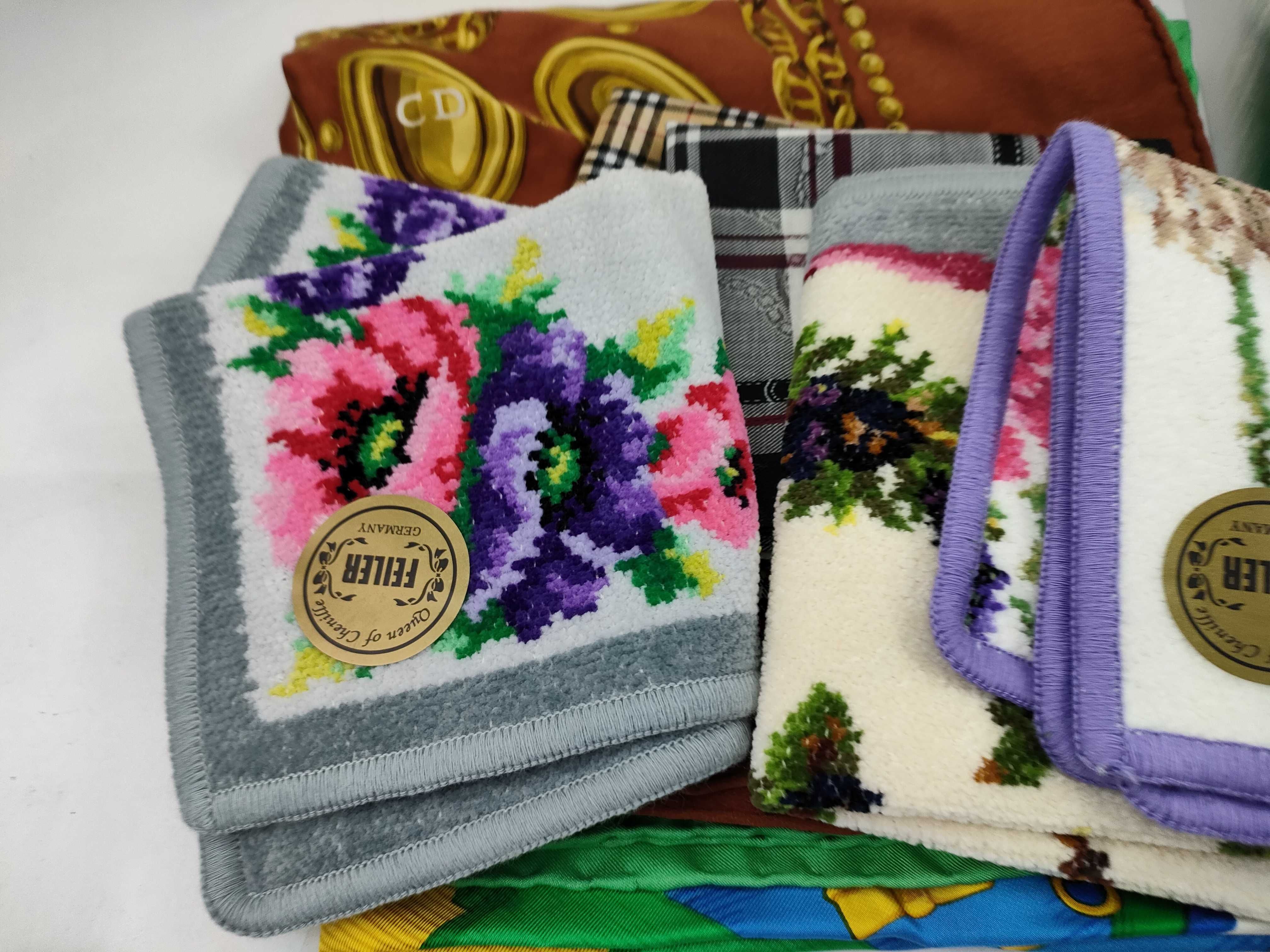 A Collection of Designer Scarves and Pocket Squares Including Christian Dior, Nina Ricci, MCM, and Feiler
