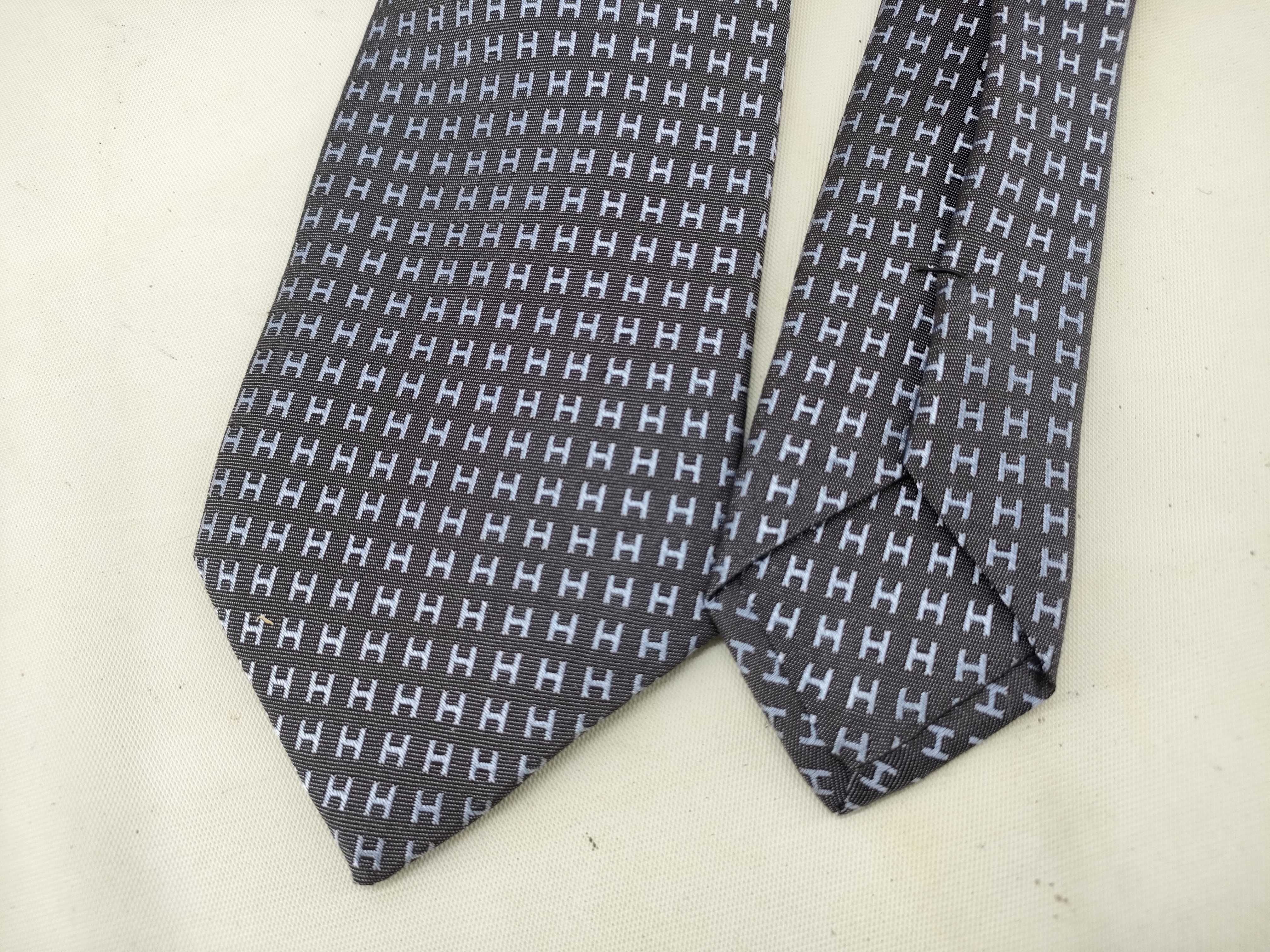 Hermes Faconnee H Pattern Silk Necktie in Gray and Light Blue