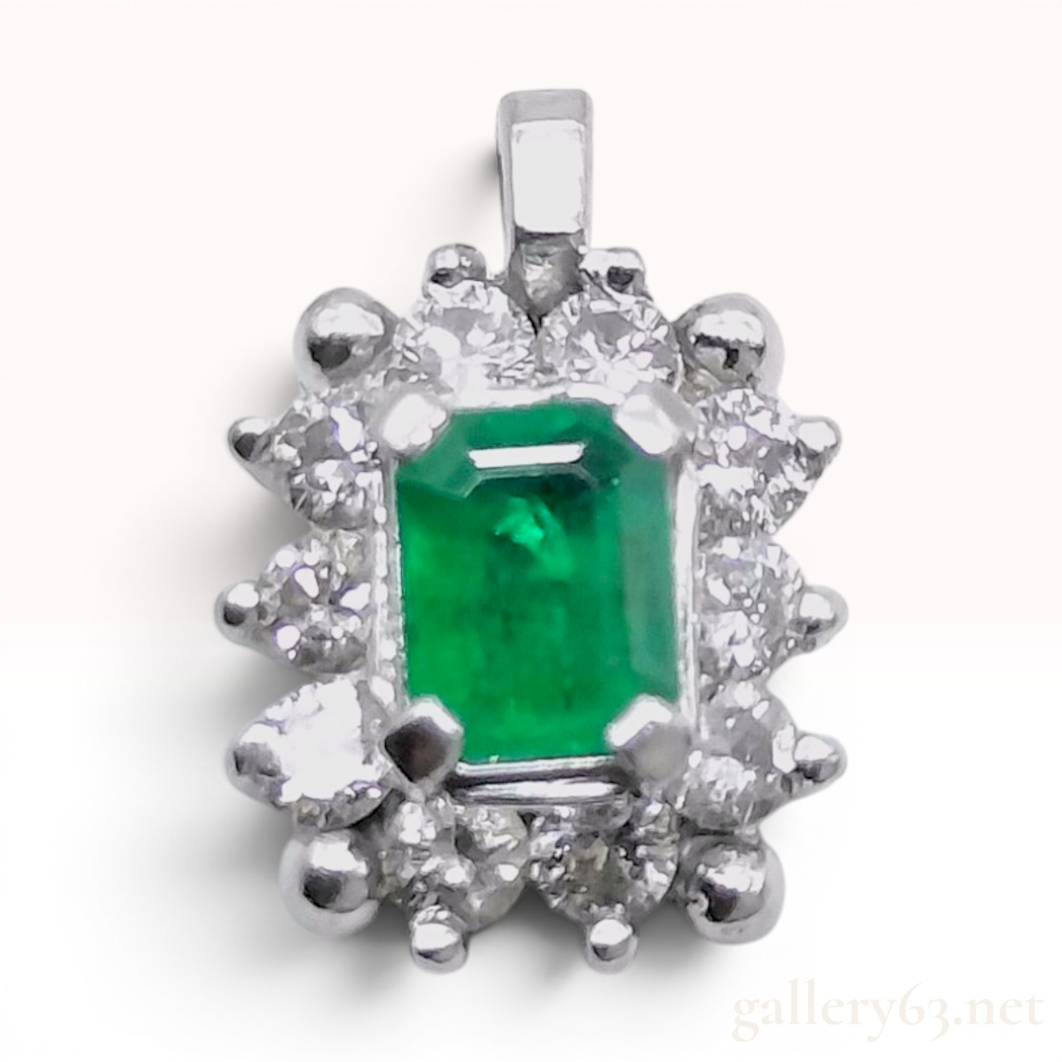 Platinum Emerald and Diamond Cluster Pendant