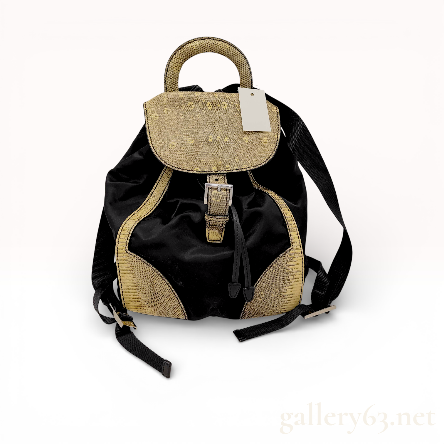 Prada Small Flap-Top Backpack in Black Nylon and Tan Lizard Skin