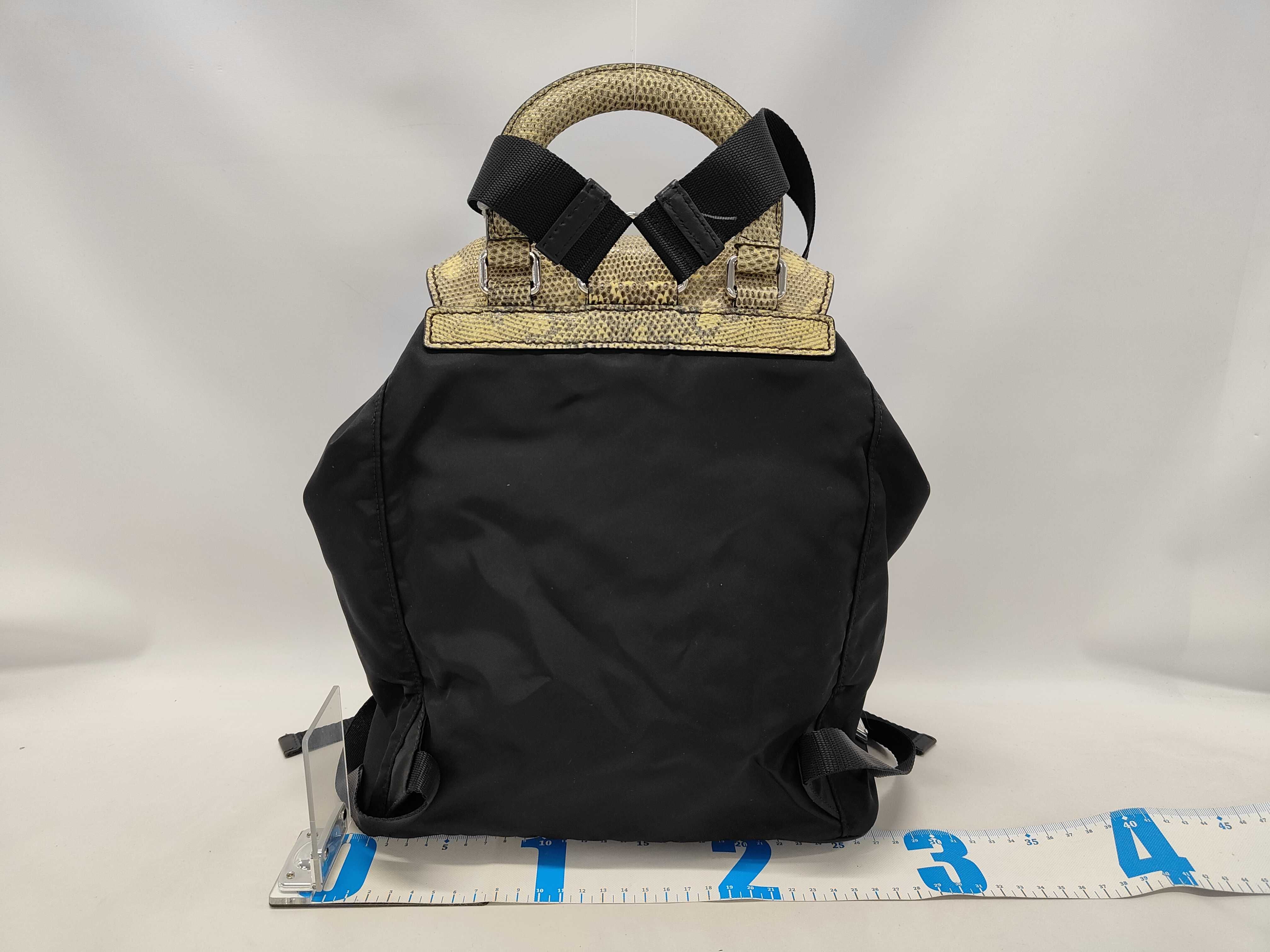 Prada Small Flap-Top Backpack in Black Nylon and Tan Lizard Skin