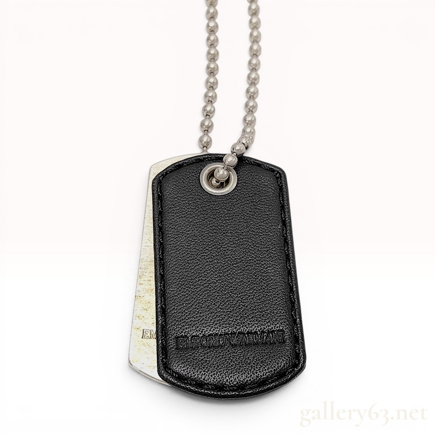 Emporio Armani Sterling Silver and Black Leather Double Dog Tag Necklace