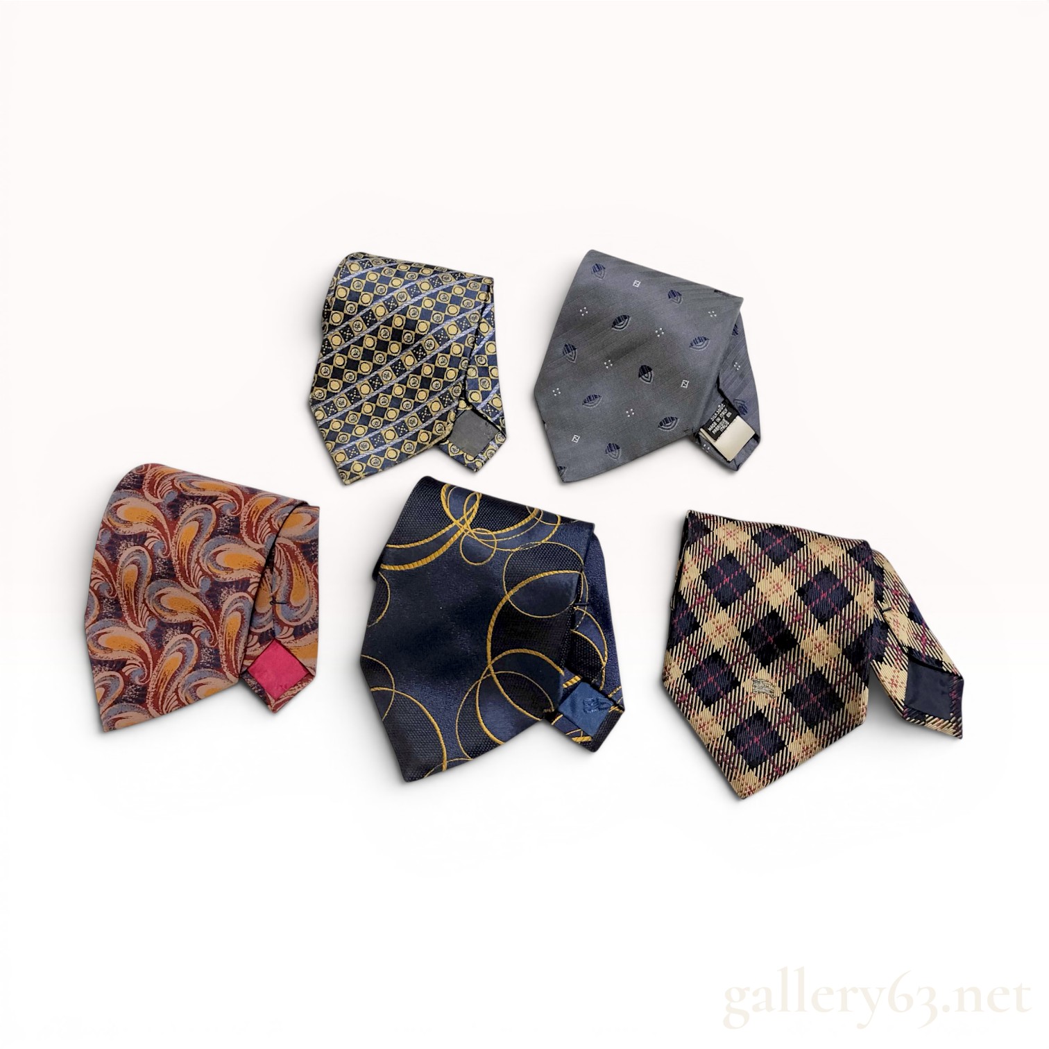 Five Designer Silk Neckties including Fendi, Yves Saint Laurent, Balenciaga, Burberrys, and Valentine