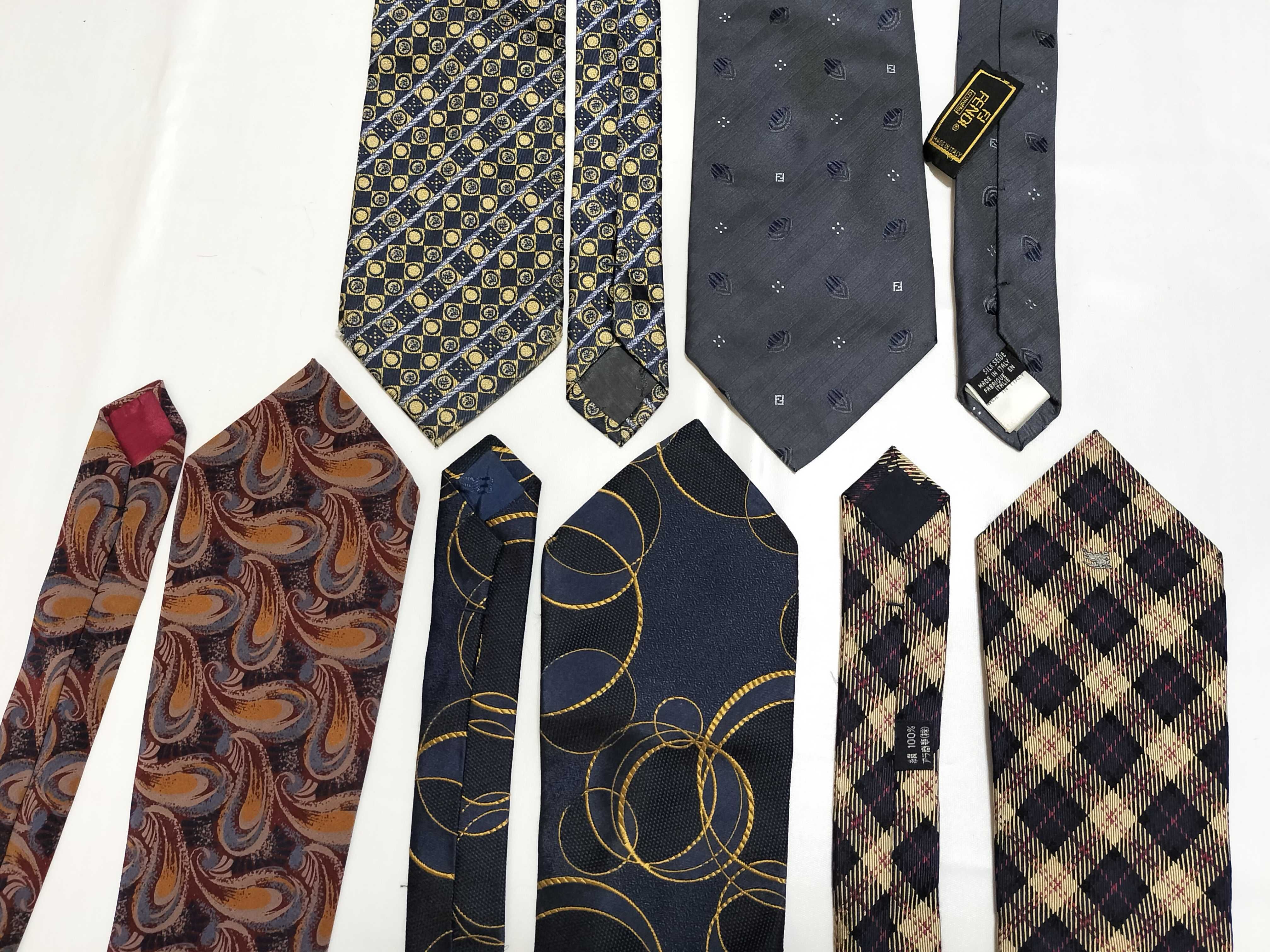 Five Designer Silk Neckties including Fendi, Yves Saint Laurent, Balenciaga, Burberrys, and Valentine