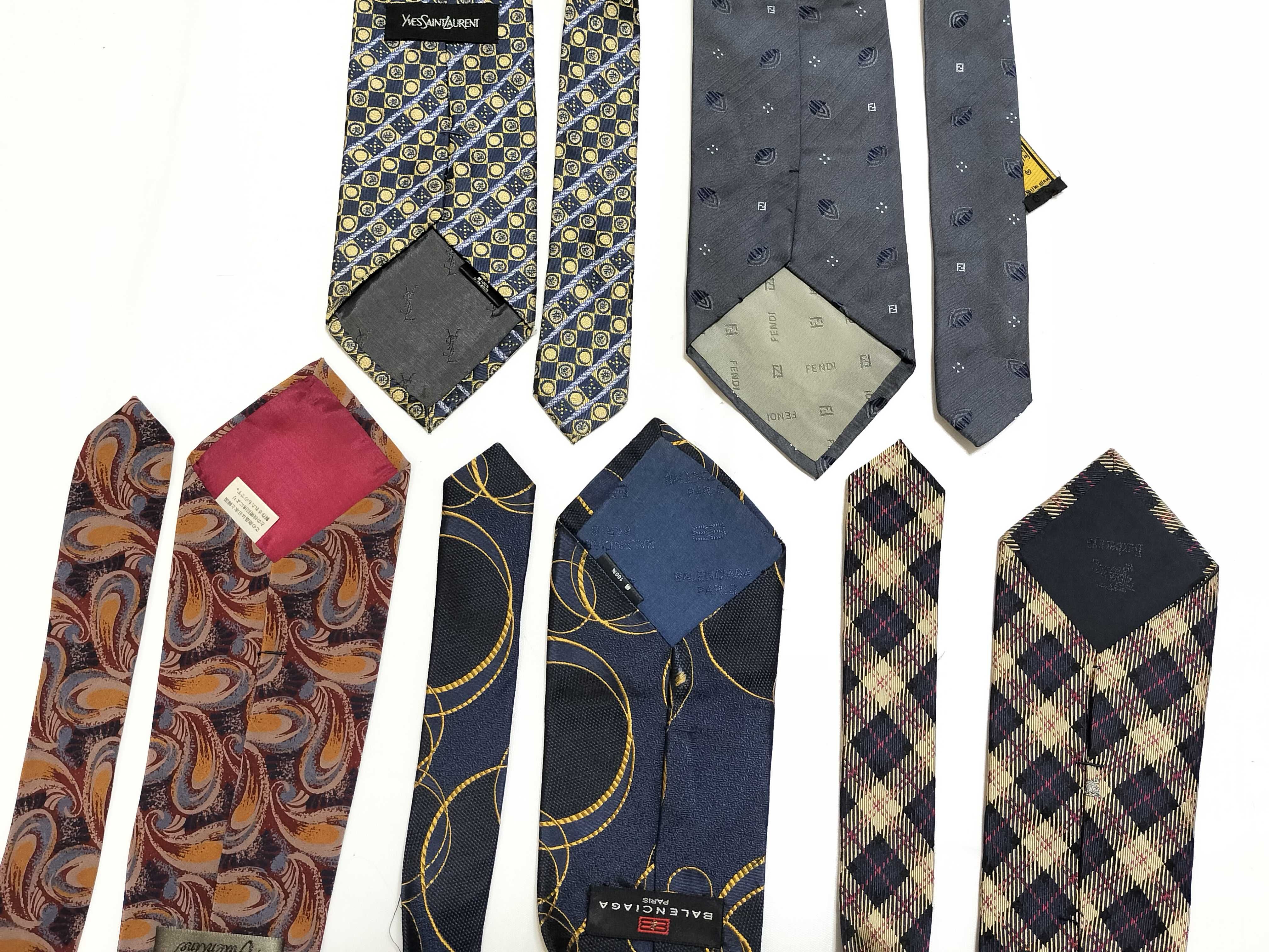 Five Designer Silk Neckties including Fendi, Yves Saint Laurent, Balenciaga, Burberrys, and Valentine