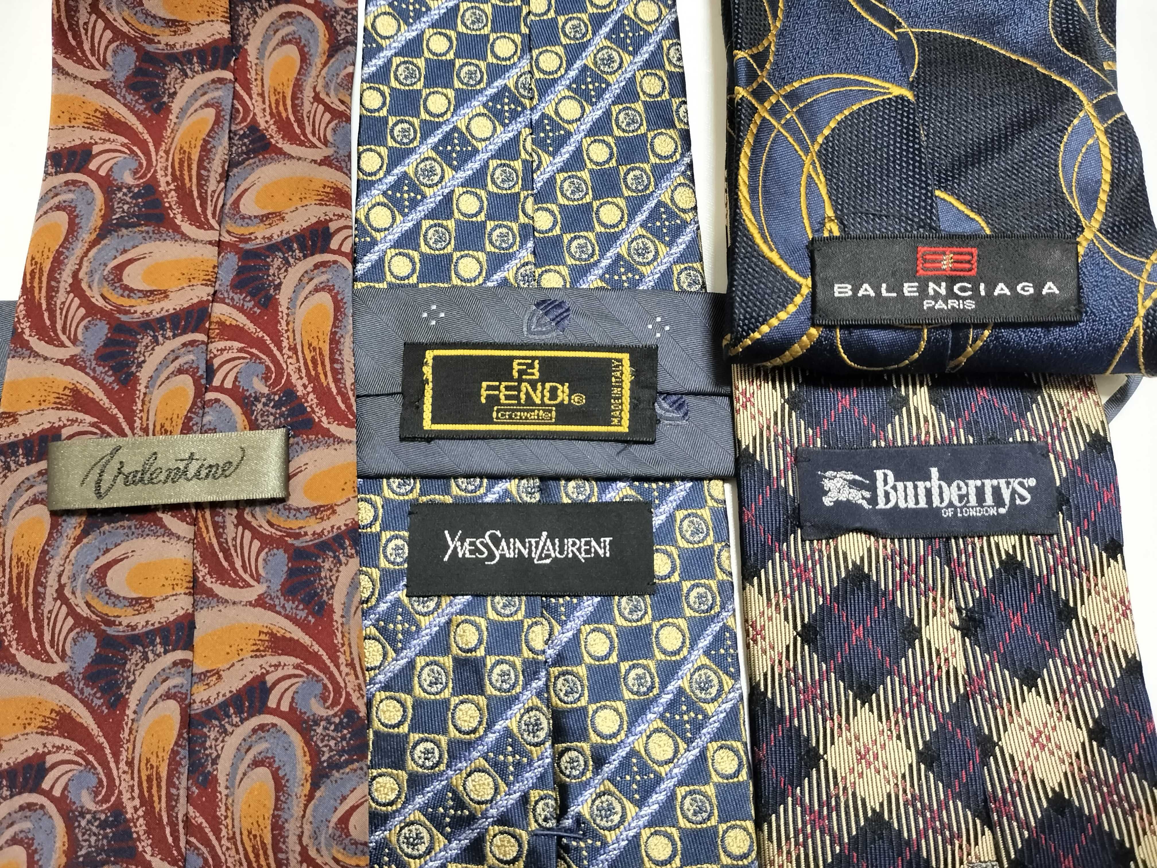 Five Designer Silk Neckties including Fendi, Yves Saint Laurent, Balenciaga, Burberrys, and Valentine