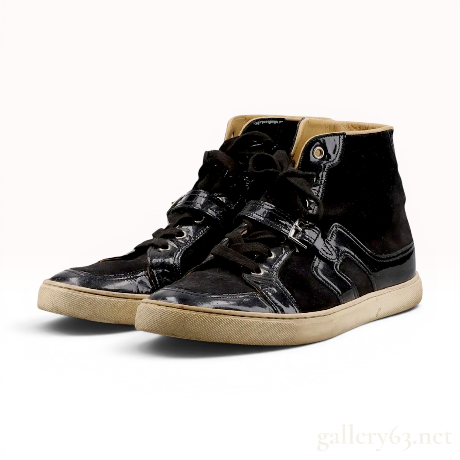 A Pair of Hermes Black Suede and Patent Leather Quantum High-Top Sneakers