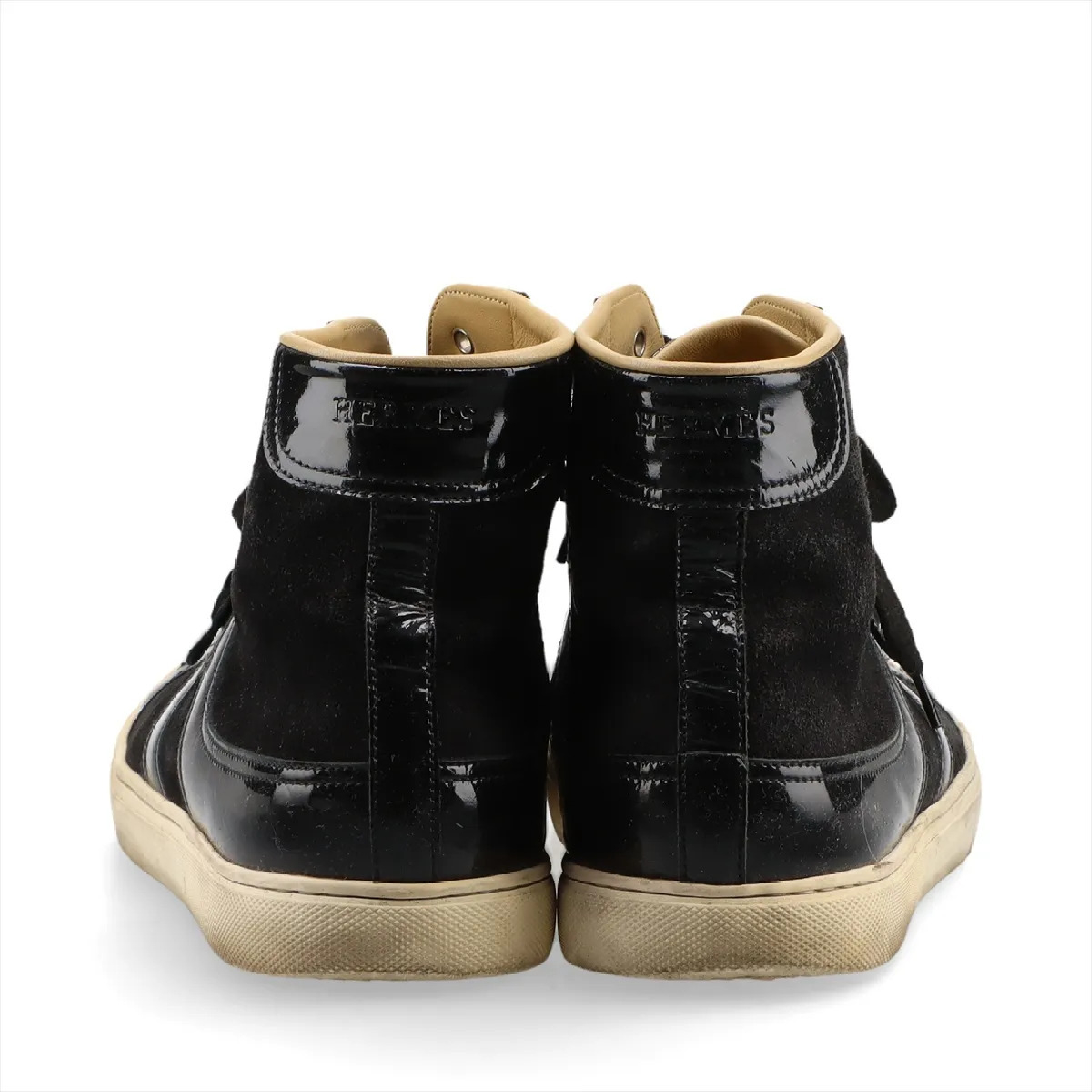 A Pair of Hermes Black Suede and Patent Leather Quantum High-Top Sneakers