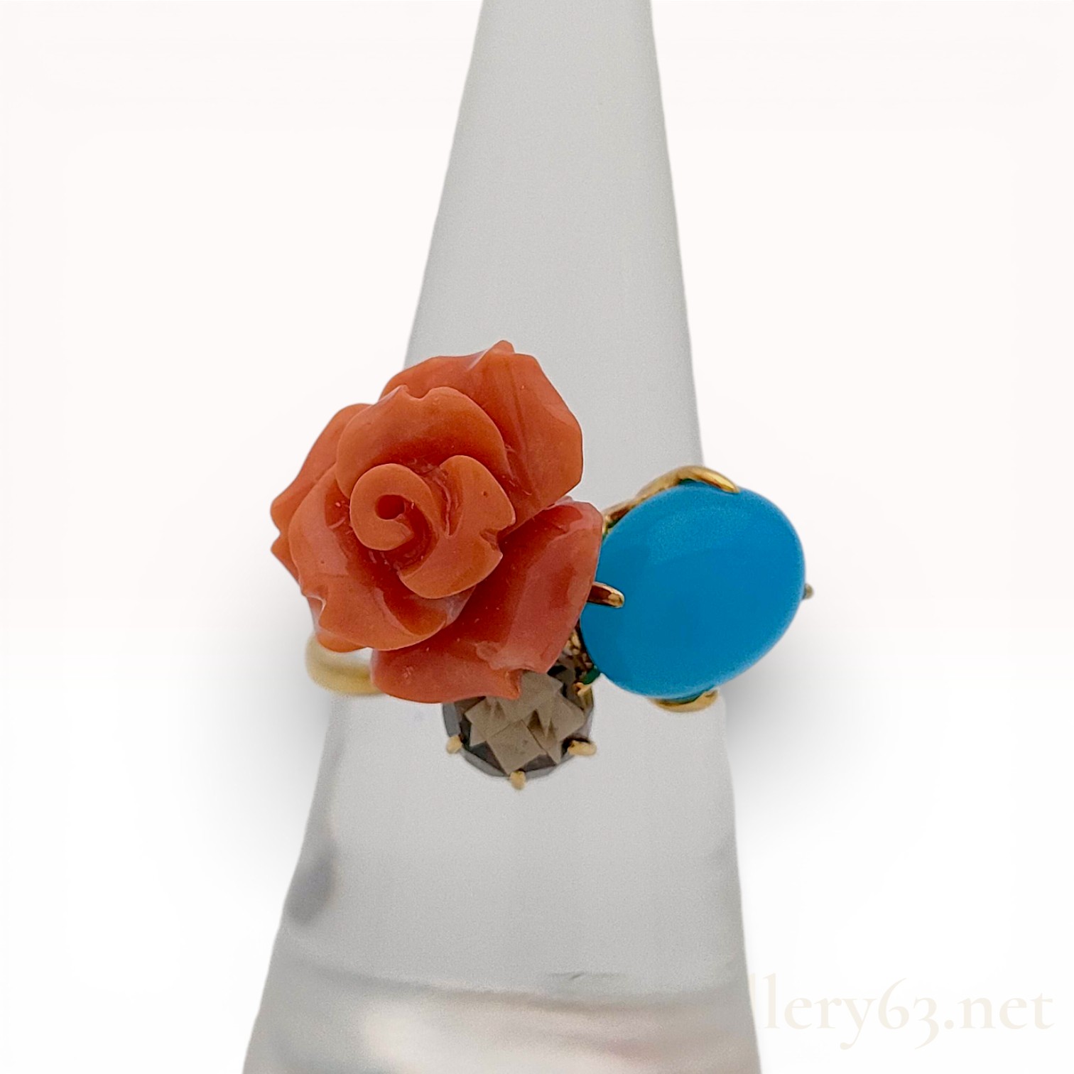 18K Yellow Gold Antique Coral Rose Turquoise and Smoky Quartz Cocktail Ring