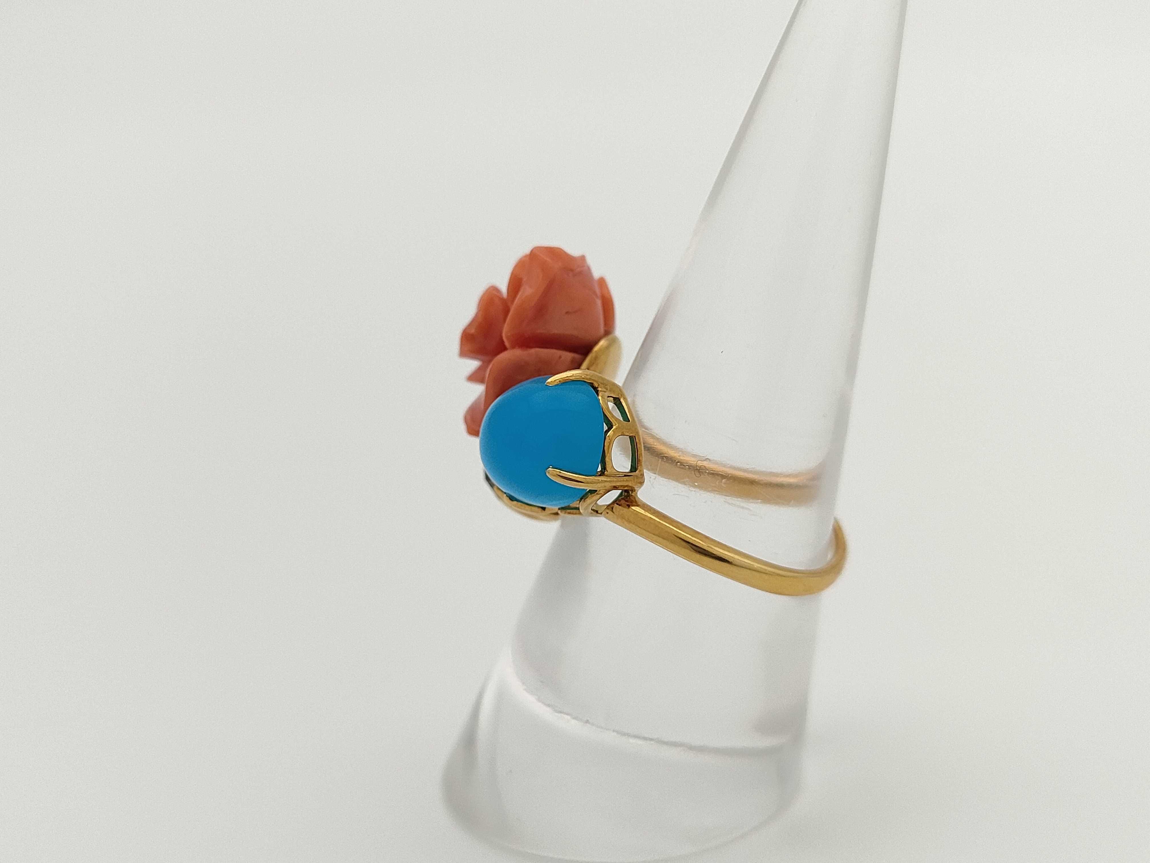 18K Yellow Gold Antique Coral Rose Turquoise and Smoky Quartz Cocktail Ring