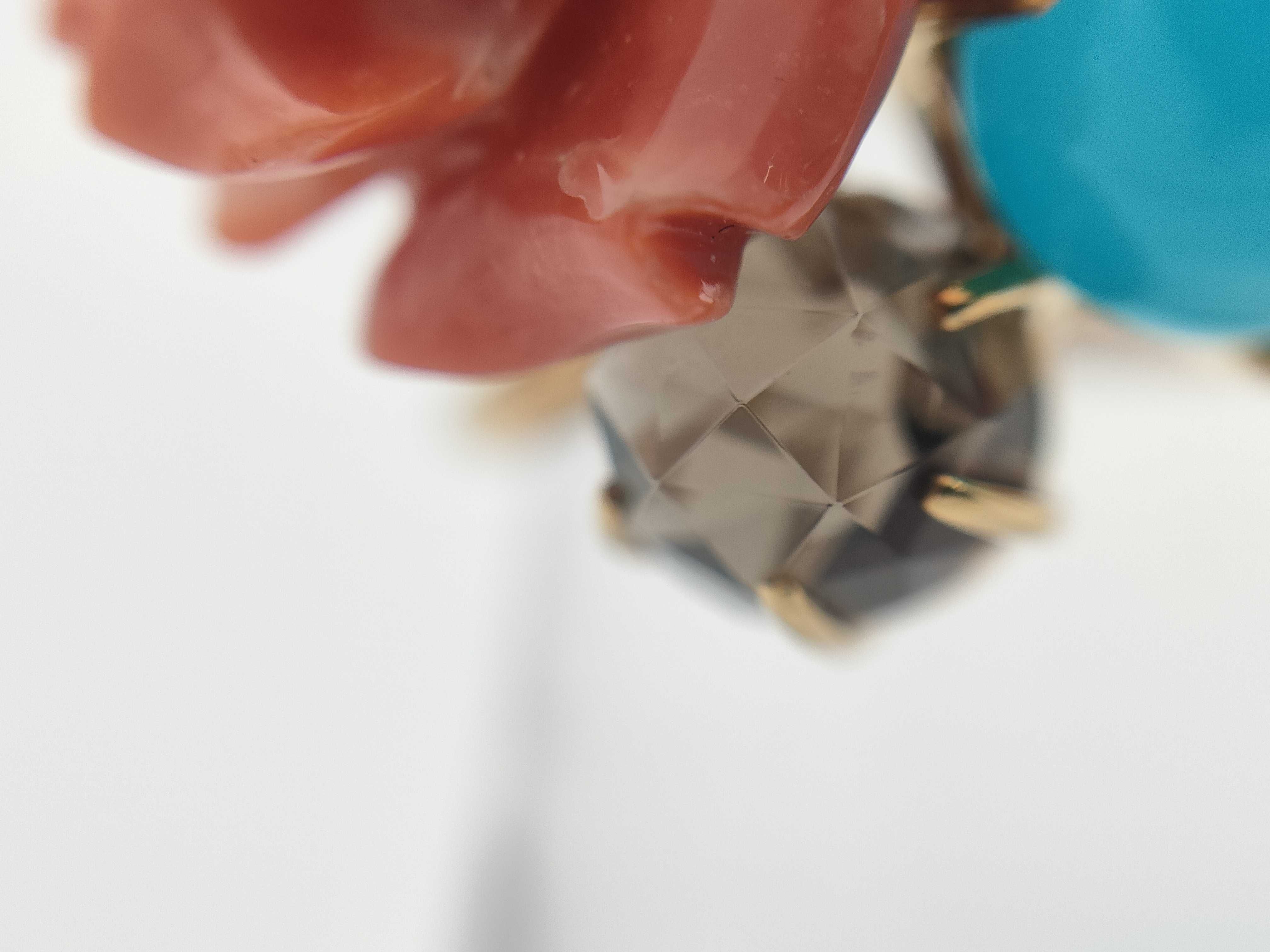 18K Yellow Gold Antique Coral Rose Turquoise and Smoky Quartz Cocktail Ring