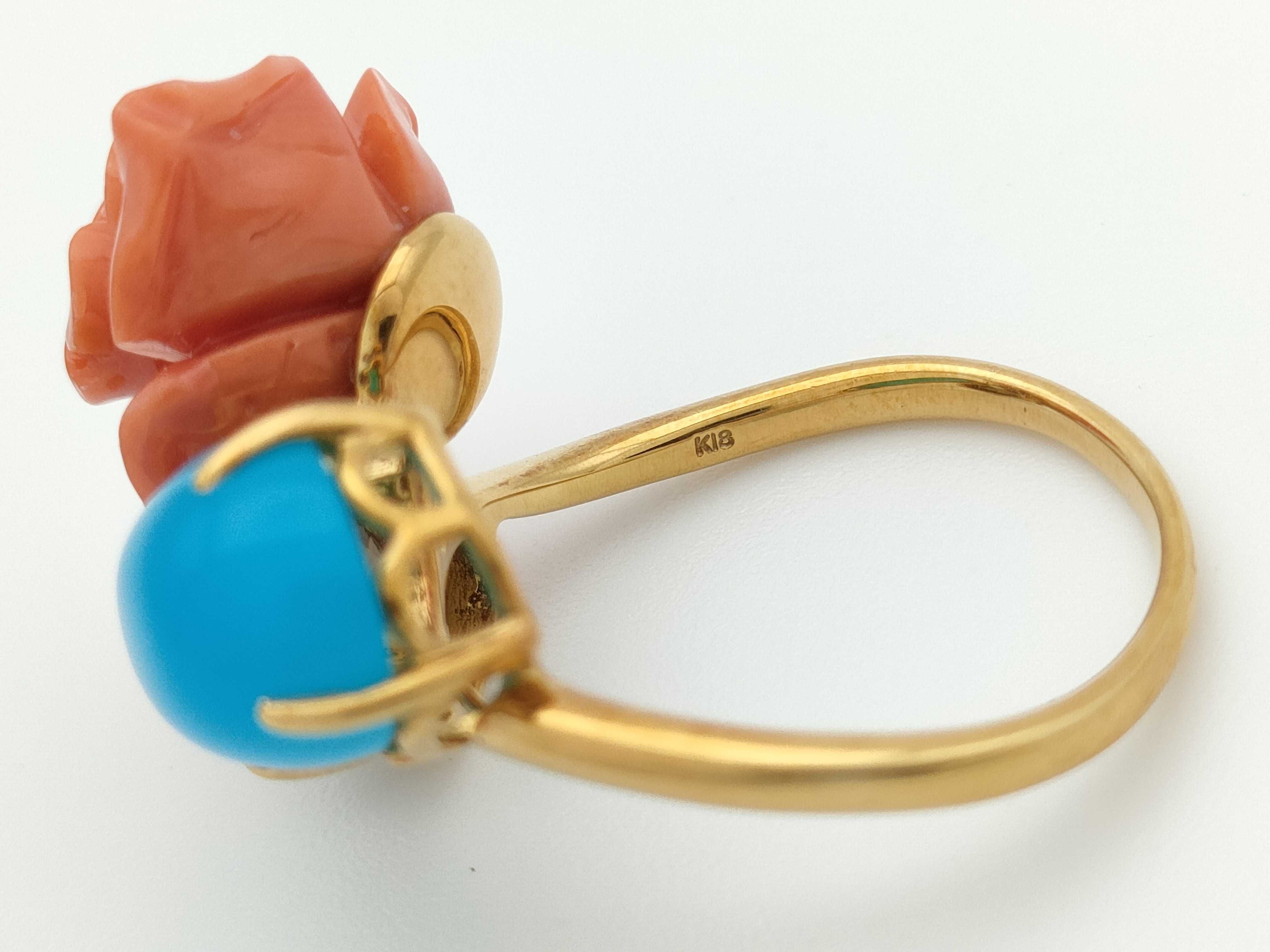 18K Yellow Gold Antique Coral Rose Turquoise and Smoky Quartz Cocktail Ring