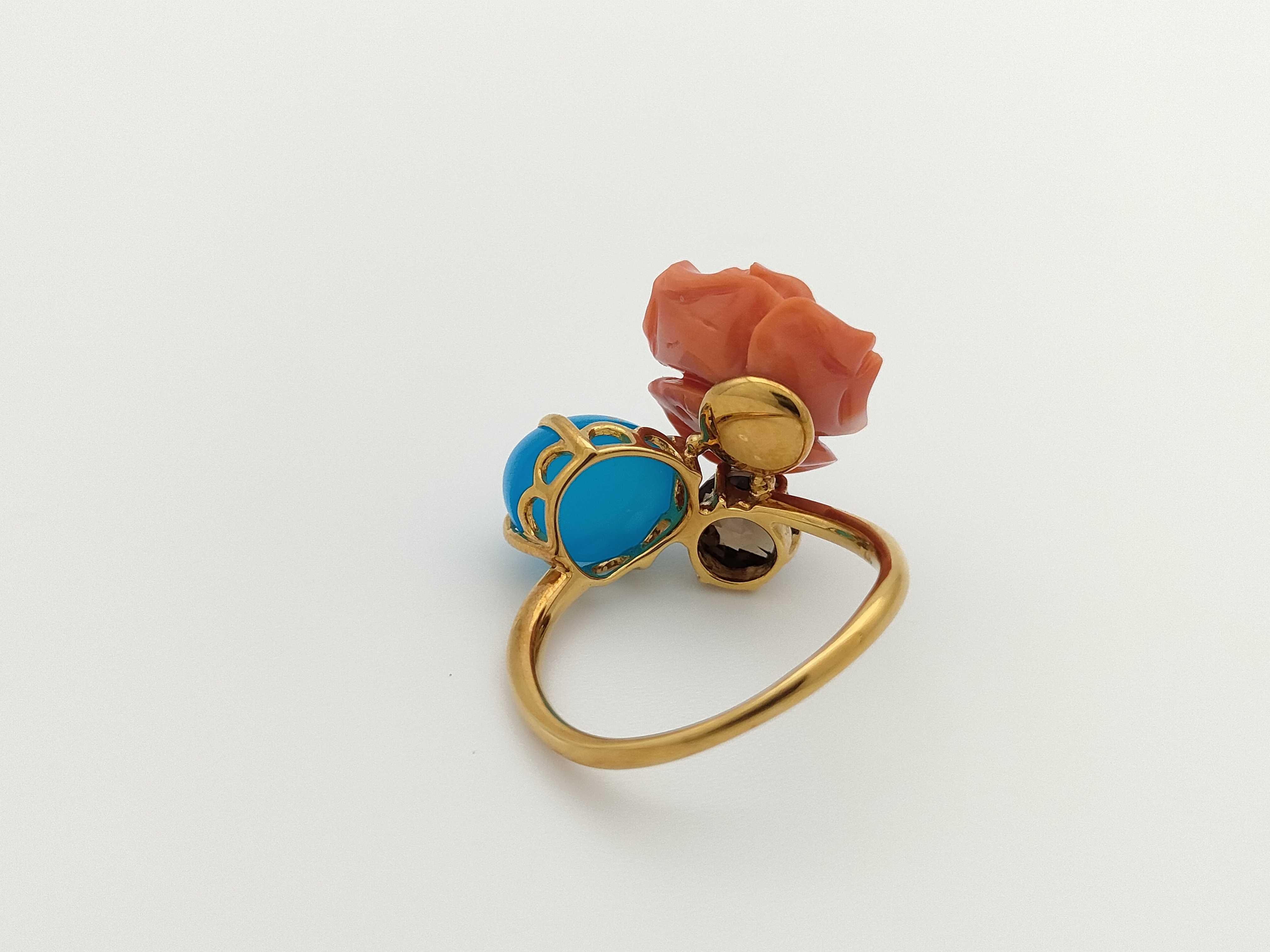 18K Yellow Gold Antique Coral Rose Turquoise and Smoky Quartz Cocktail Ring