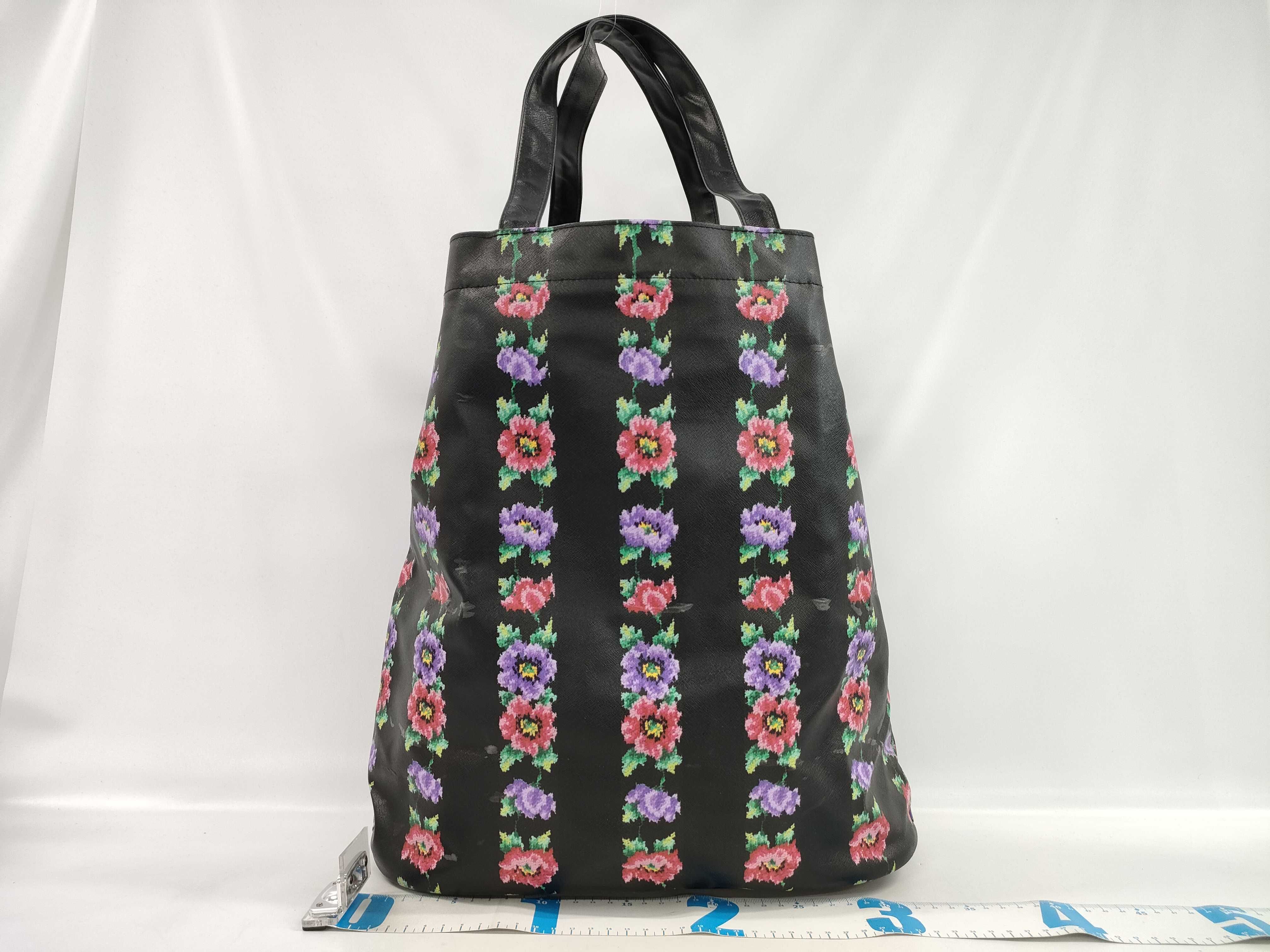 Feiler Germany Black Coated Canvas Floral Stripe Tote Bag