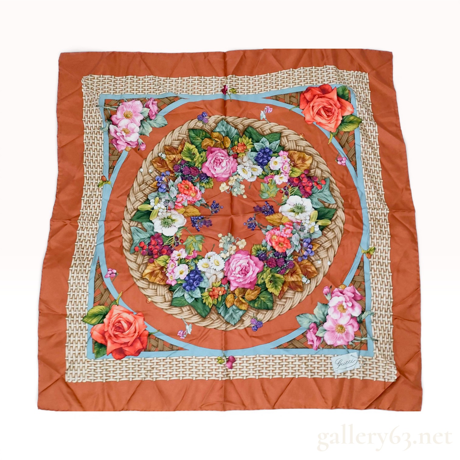 Gucci Floral Wreath and Wicker Print Silk Twill Scarf