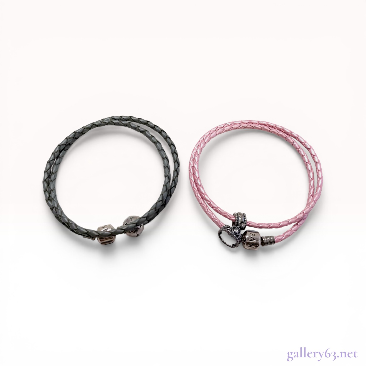 Two Pandora Double-Wrap Braided Leather Bracelets with Charms