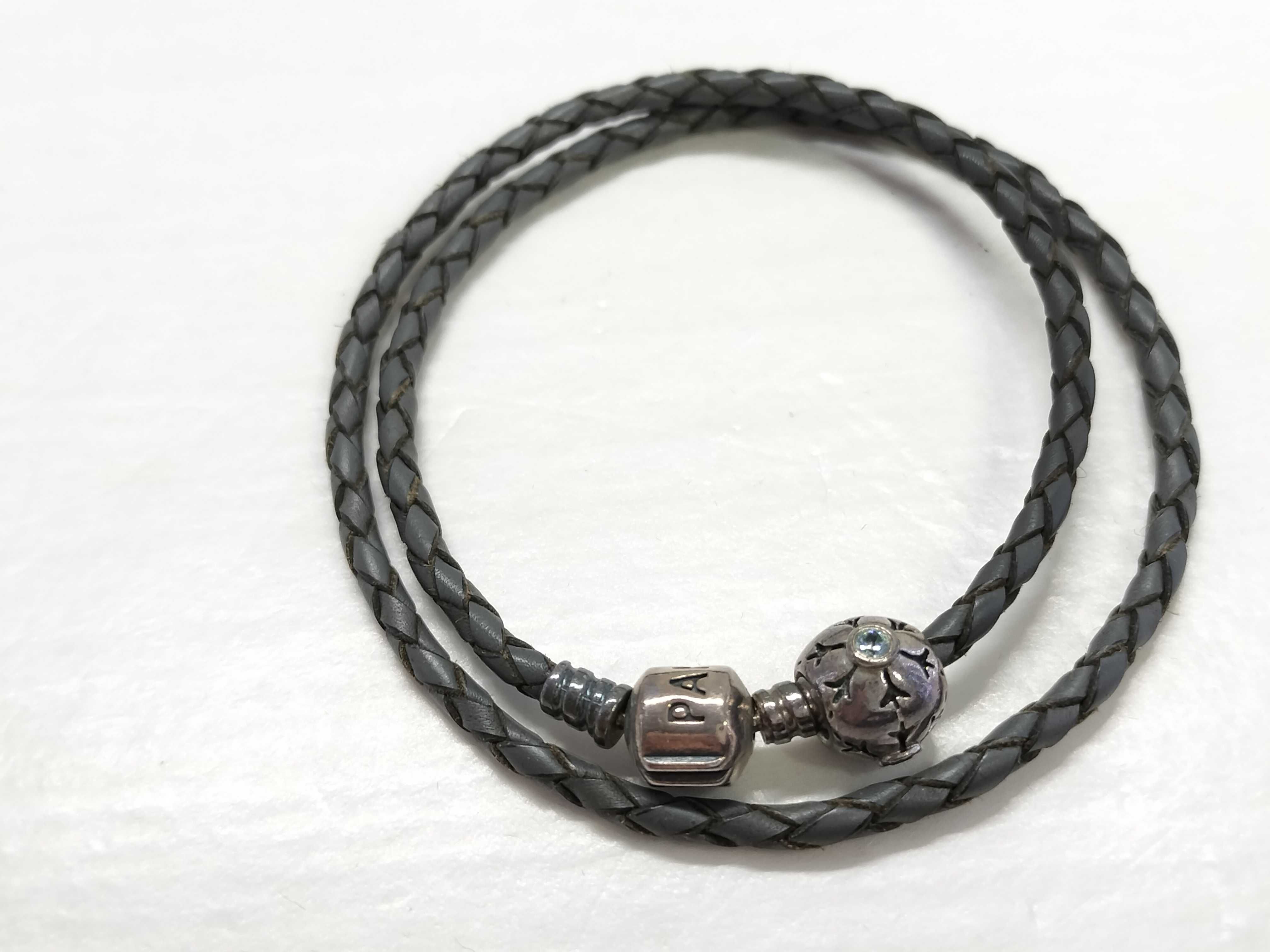 Two Pandora Double-Wrap Braided Leather Bracelets with Charms