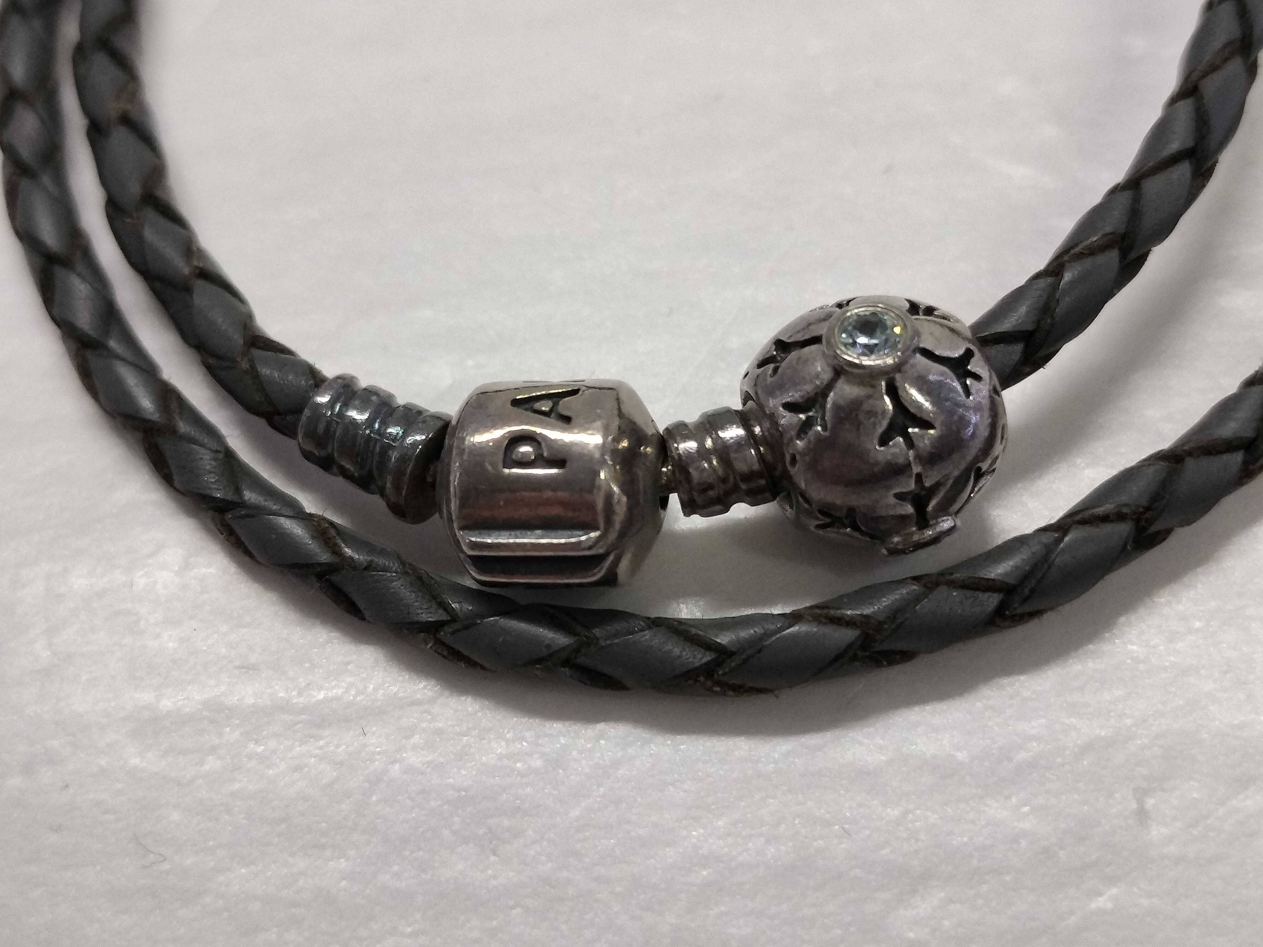 Two Pandora Double-Wrap Braided Leather Bracelets with Charms