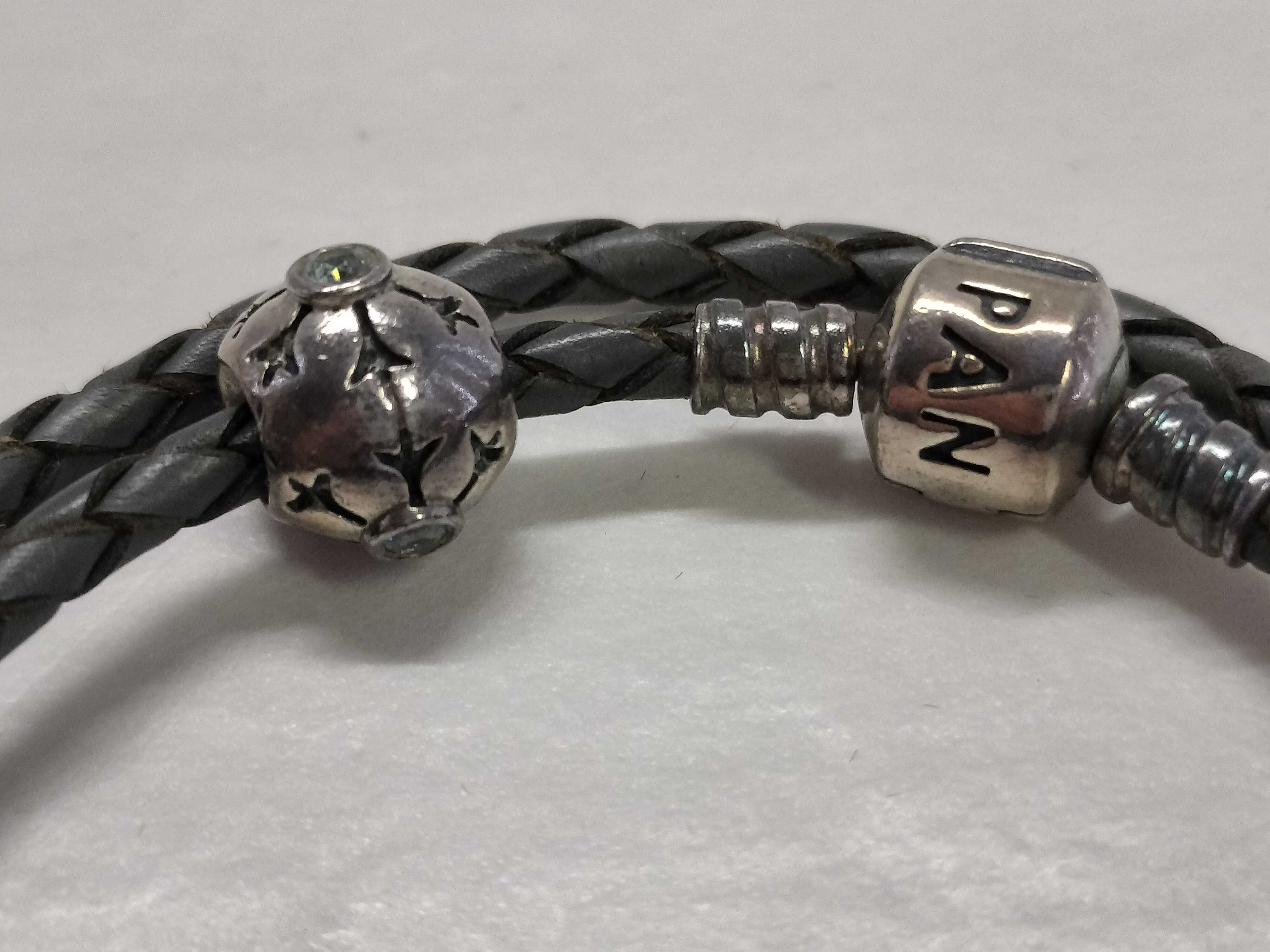 Two Pandora Double-Wrap Braided Leather Bracelets with Charms