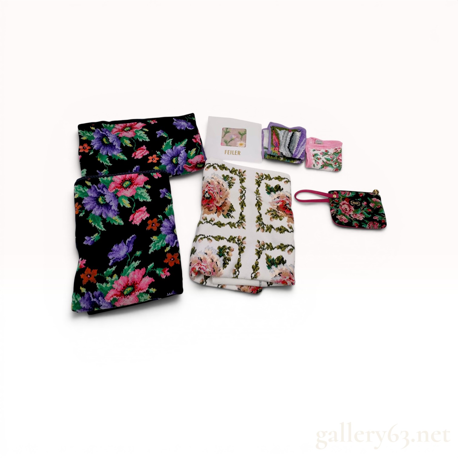 A Collection of Seven Feiler German Chenille Floral Textile Items