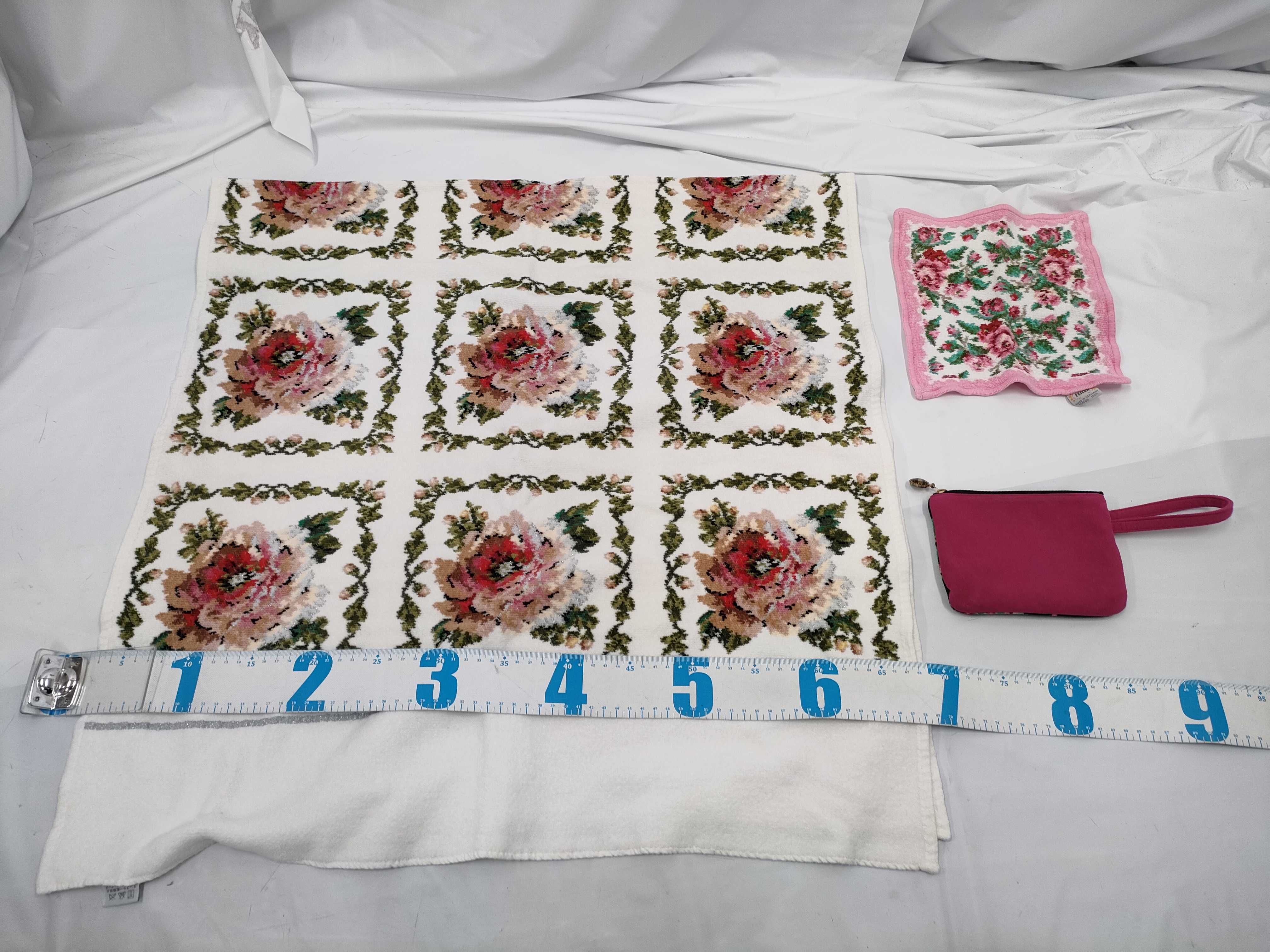 A Collection of Seven Feiler German Chenille Floral Textile Items