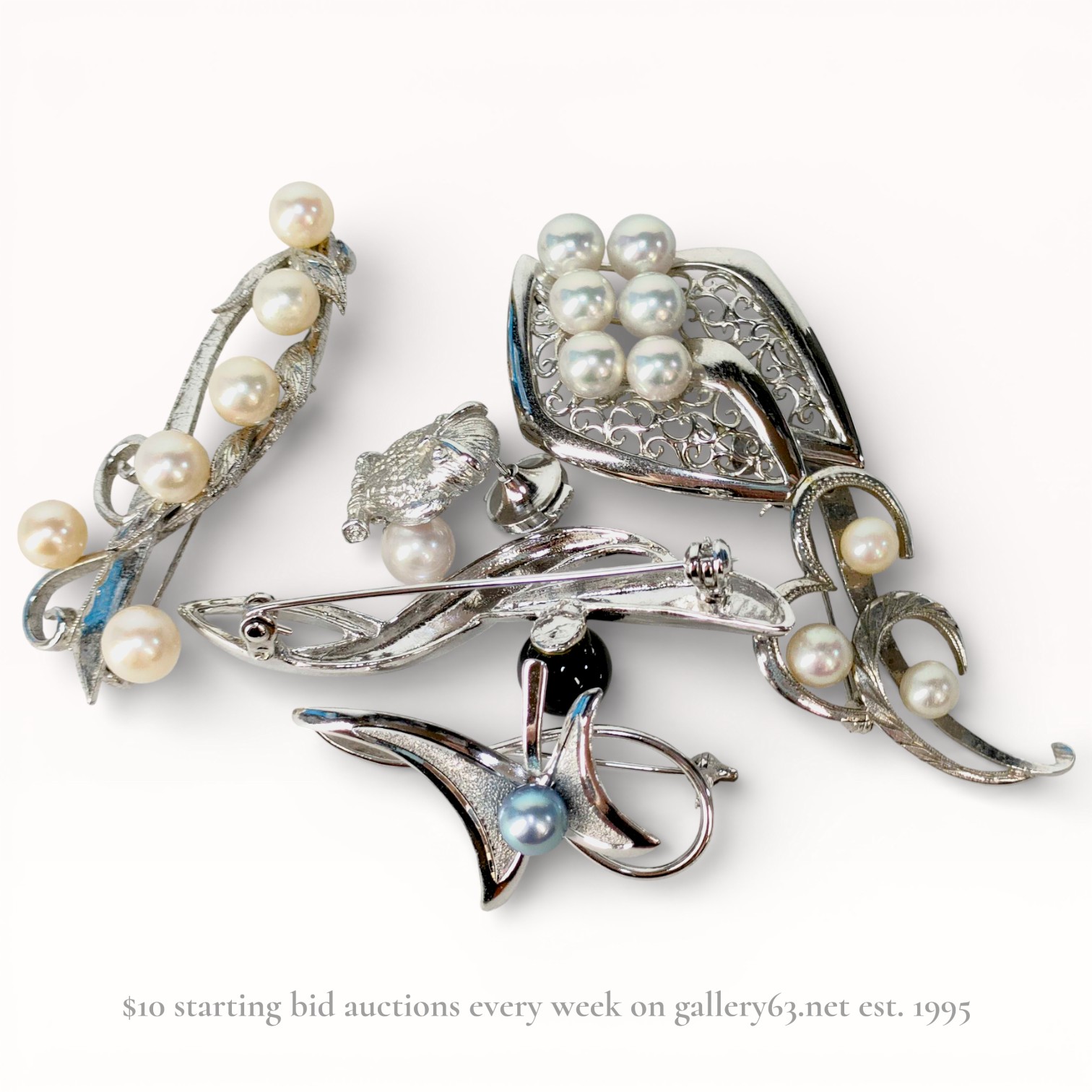 A Group of Six Vintage Silver-Toned and Cultured Pearl Brooches and Pins