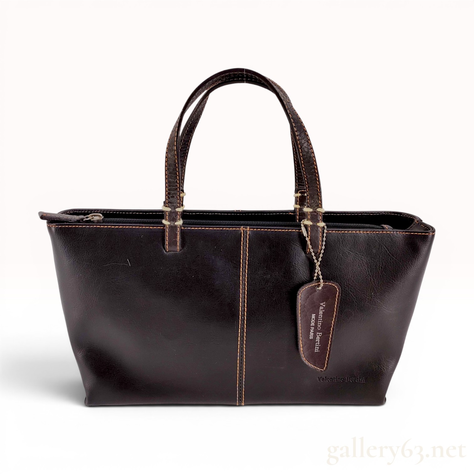 Valentino Bertini Dark Brown Leather Tote Bag with Textured Handles