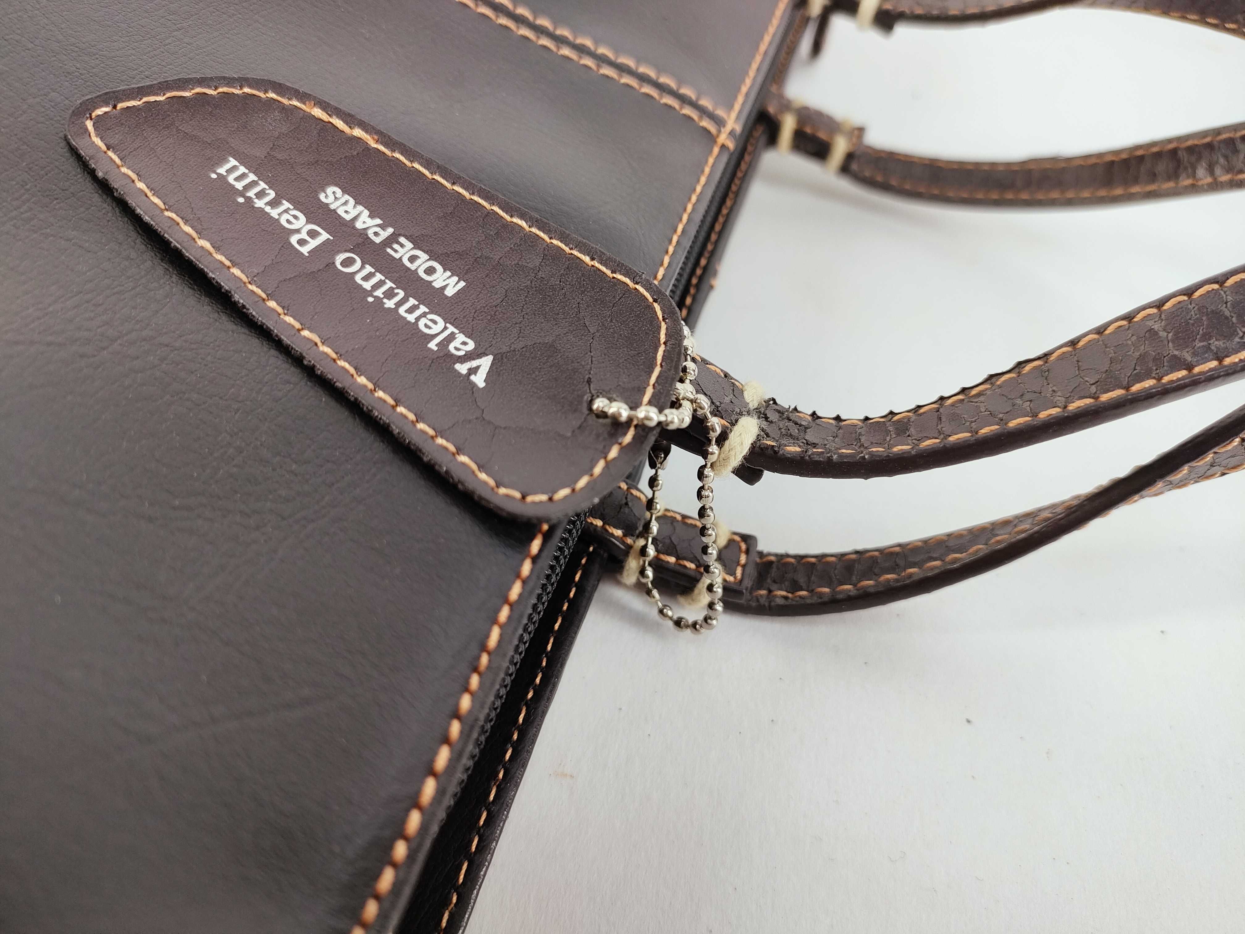 Valentino Bertini Dark Brown Leather Tote Bag with Textured Handles