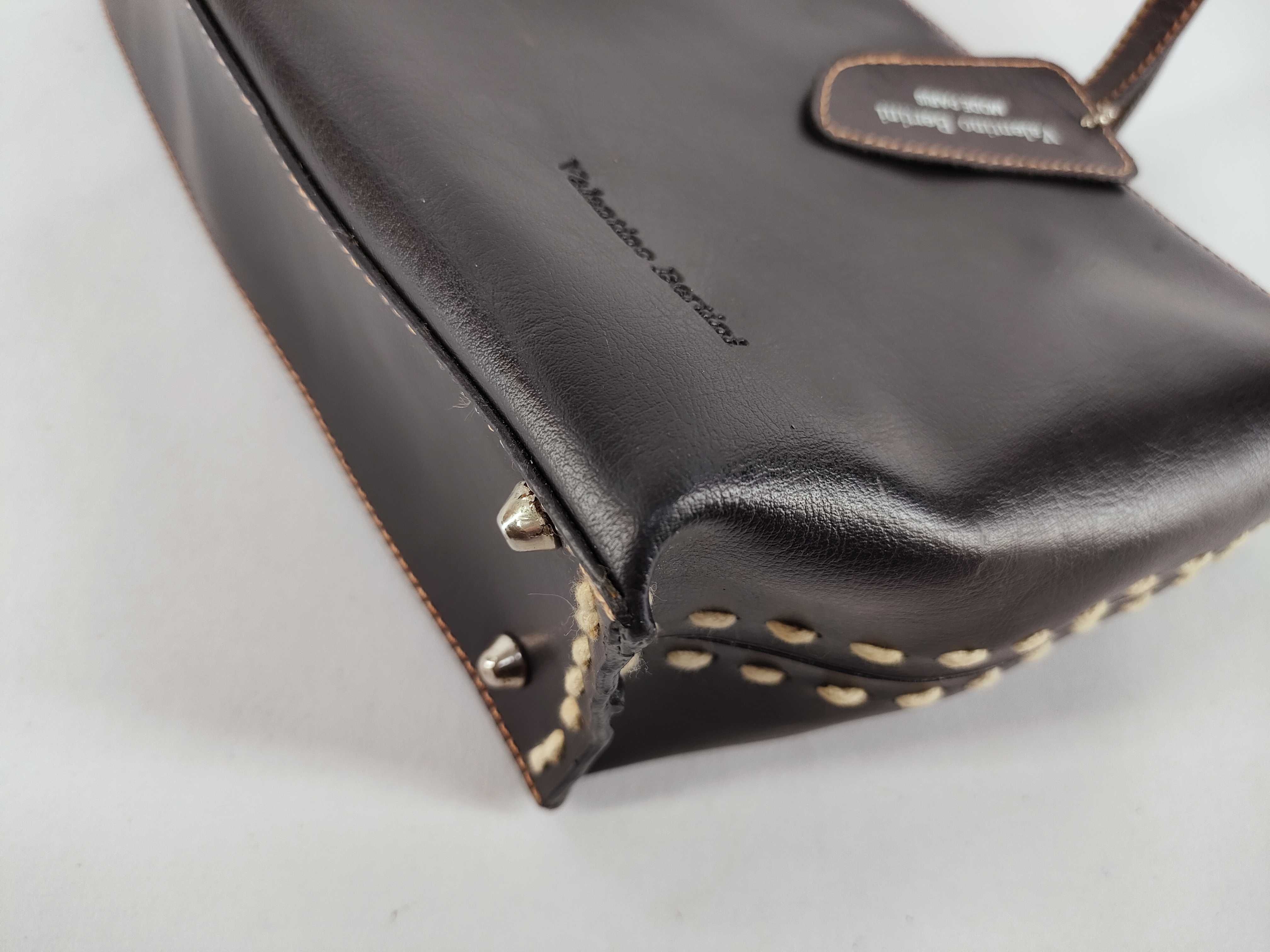 Valentino Bertini Dark Brown Leather Tote Bag with Textured Handles
