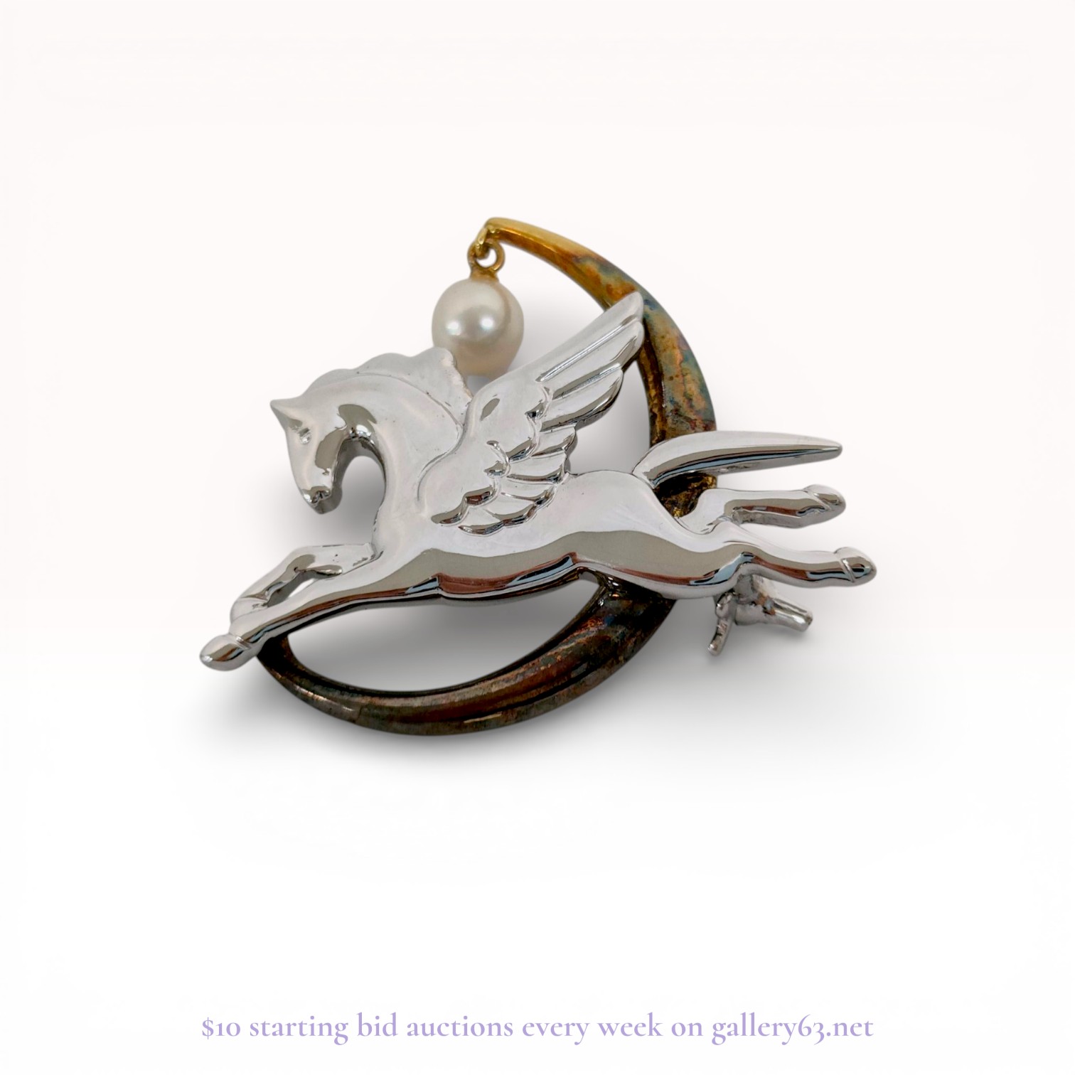 Mikimoto 18K Gold and Sterling Pegasus and Crescent Moon Pearl Brooch