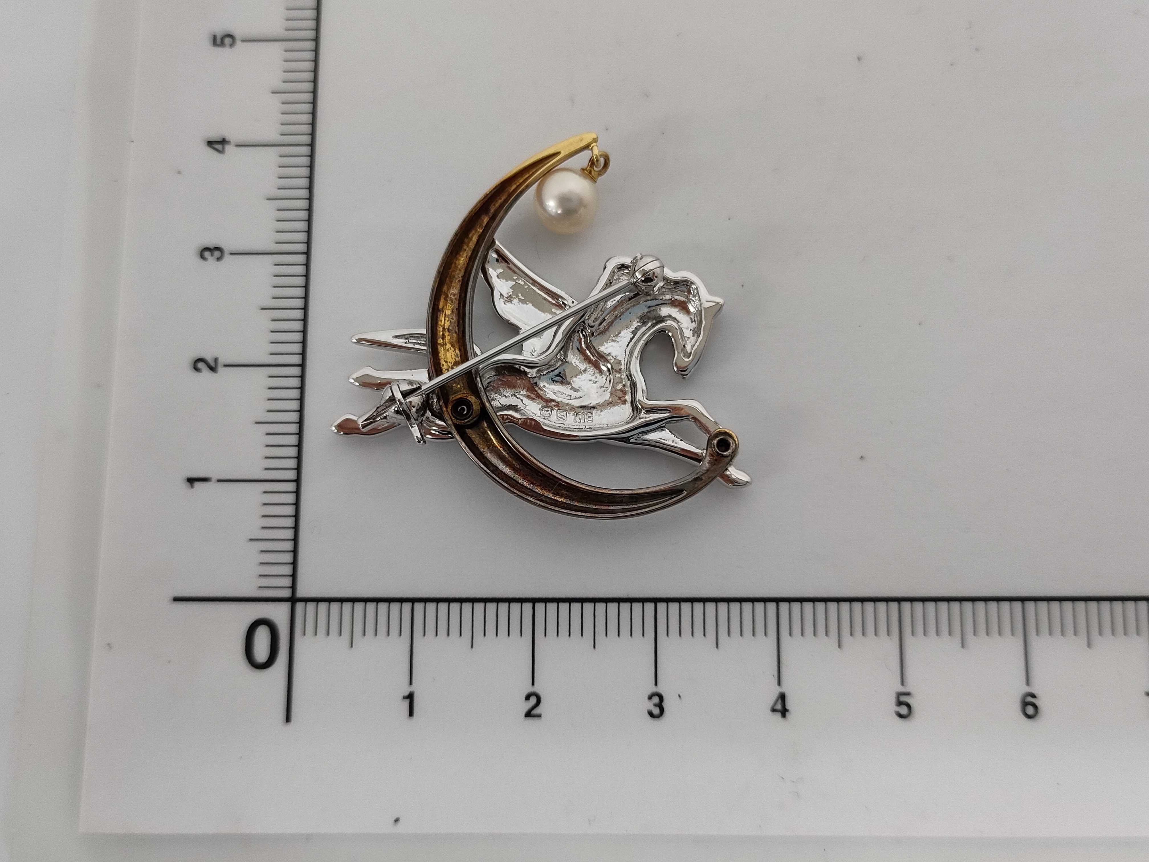 Mikimoto 18K Gold and Sterling Pegasus and Crescent Moon Pearl Brooch