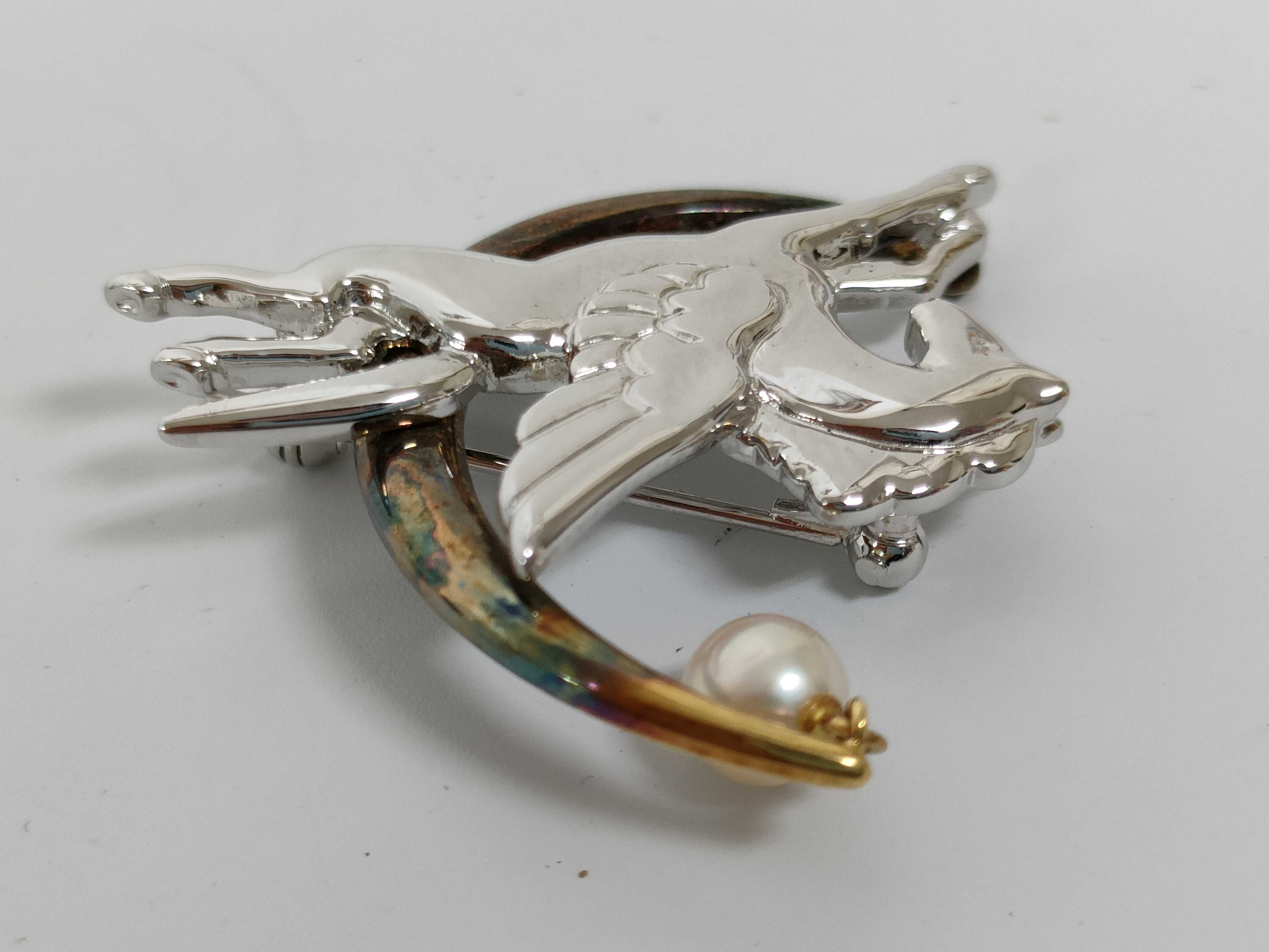 Mikimoto 18K Gold and Sterling Pegasus and Crescent Moon Pearl Brooch