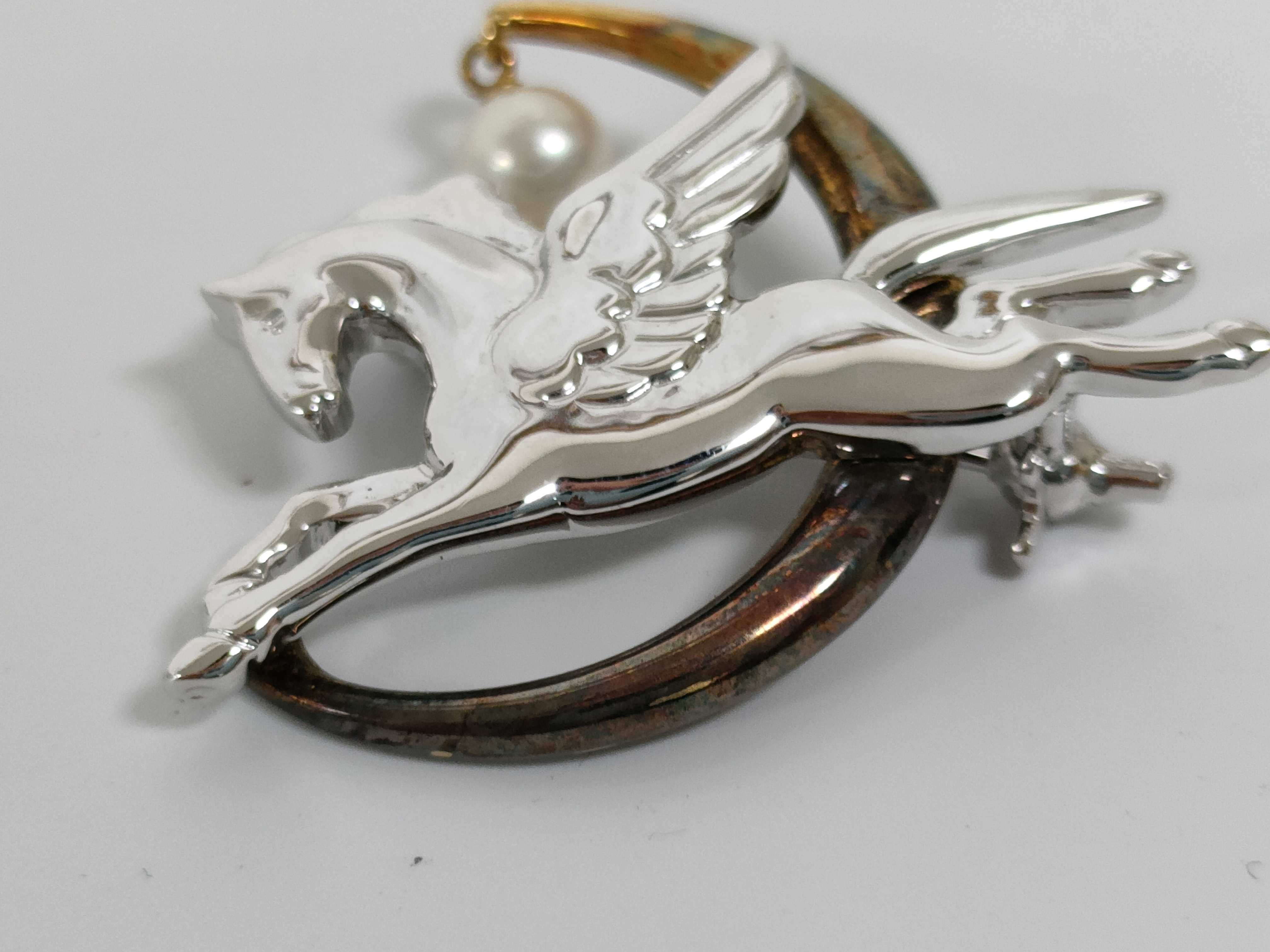 Mikimoto 18K Gold and Sterling Pegasus and Crescent Moon Pearl Brooch