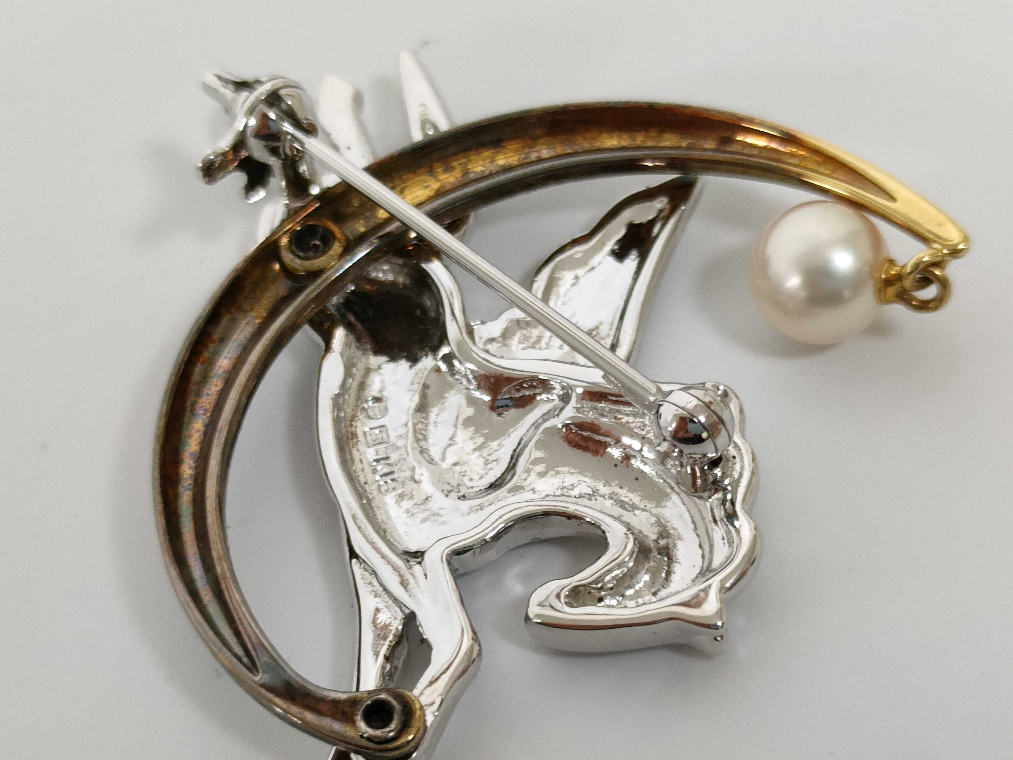 Mikimoto 18K Gold and Sterling Pegasus and Crescent Moon Pearl Brooch