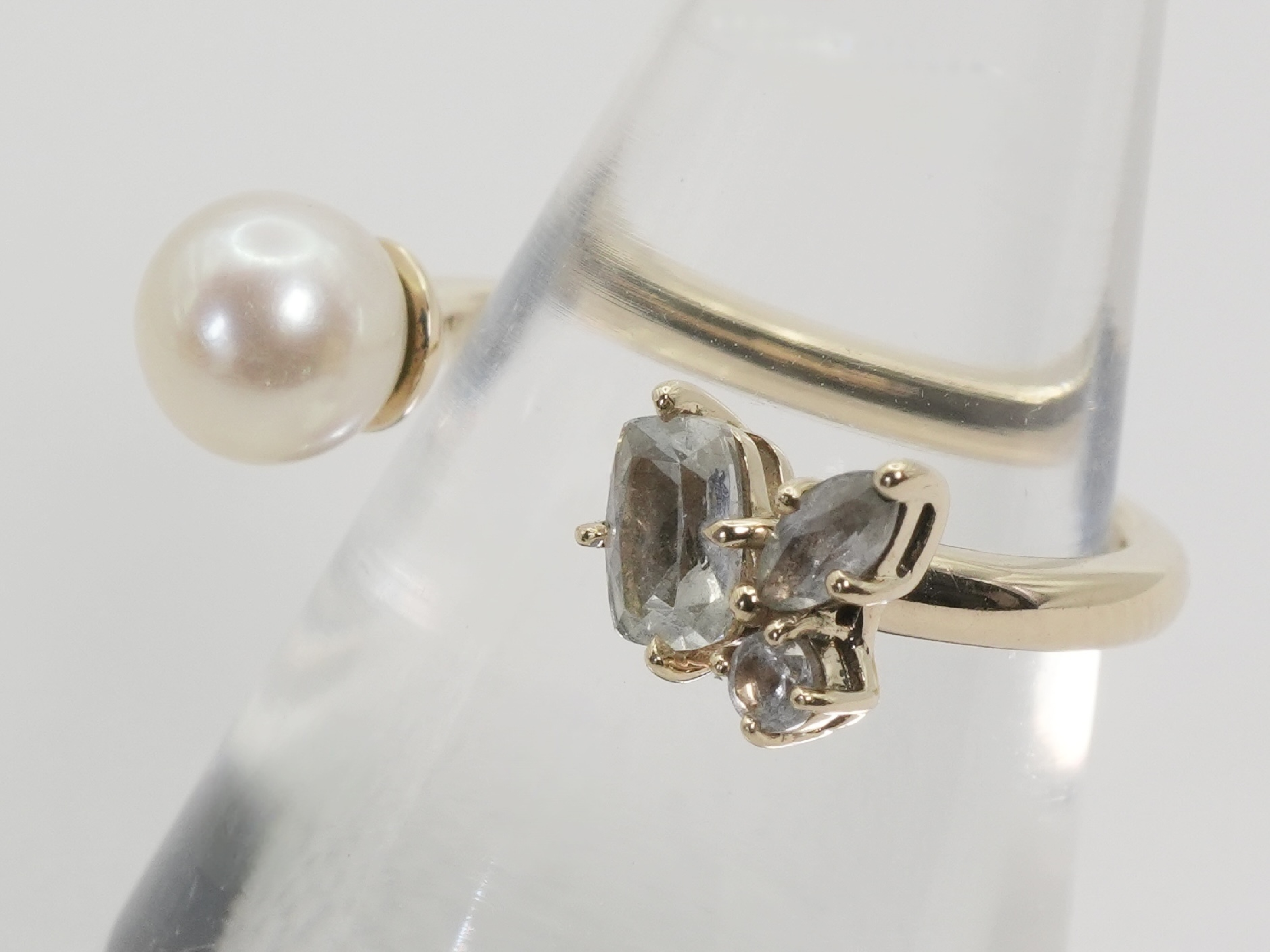 4C 10 Karat Yellow Gold Pearl and Gemstone Bypass Ring
