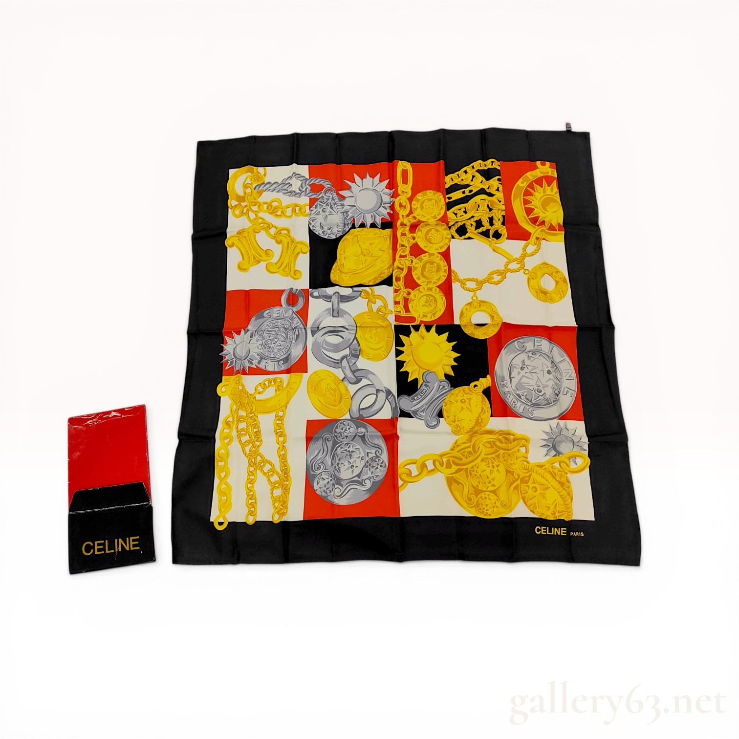 Celine Paris Vintage Silk Scarf with Chain and Medallion Motif