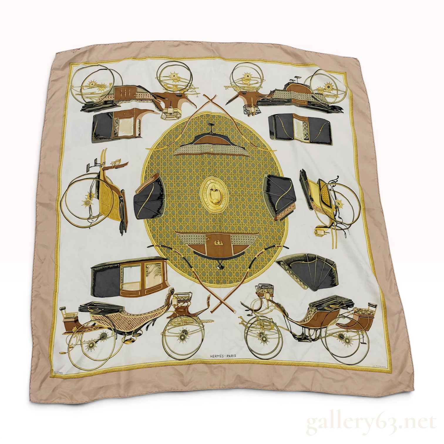 Hermes Silk Carre 90 Scarf in La Voiture a Transformation Pattern