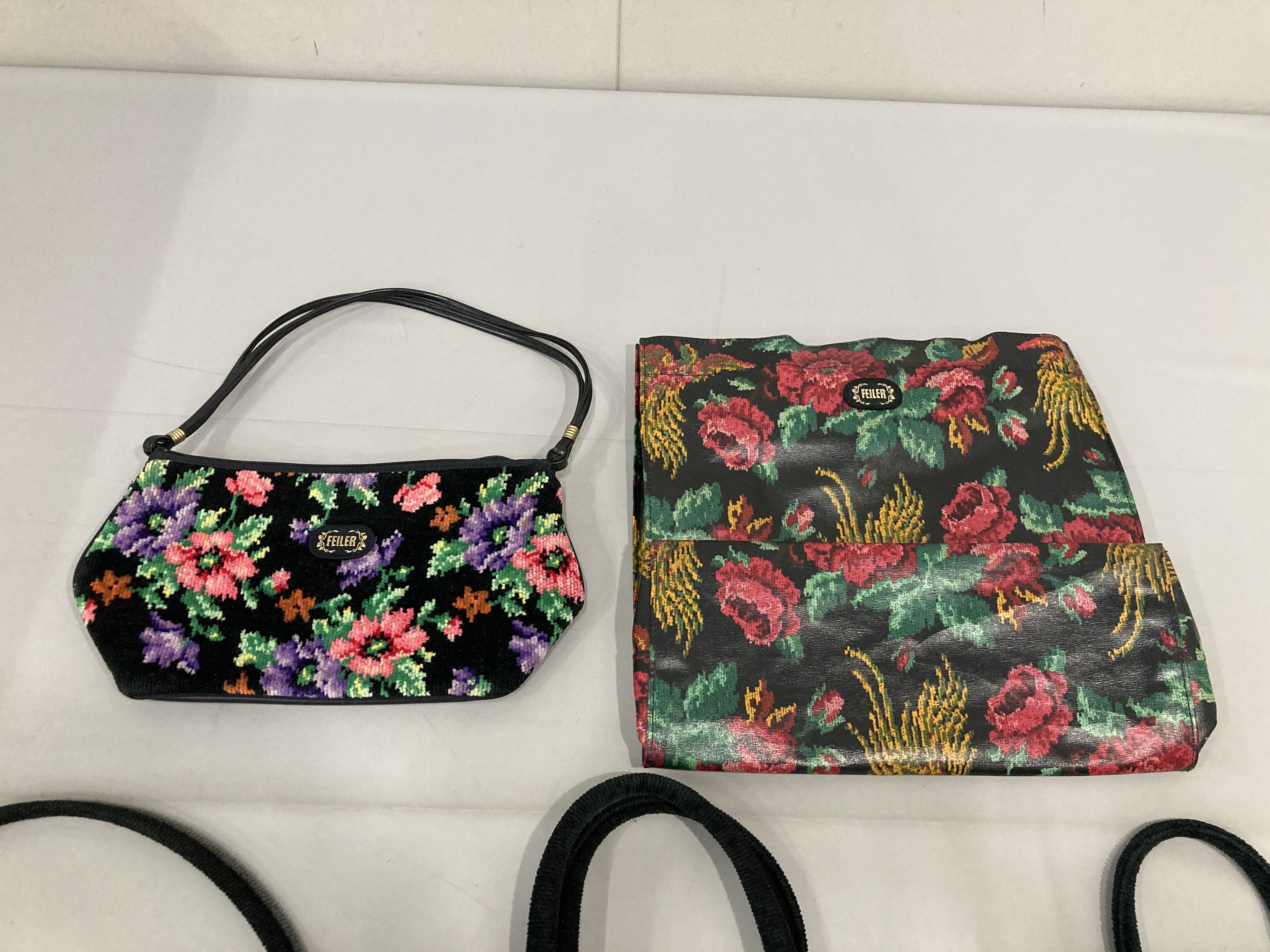 A Set of Five Feiler Chenille and Coated Textile Bags and Pouches