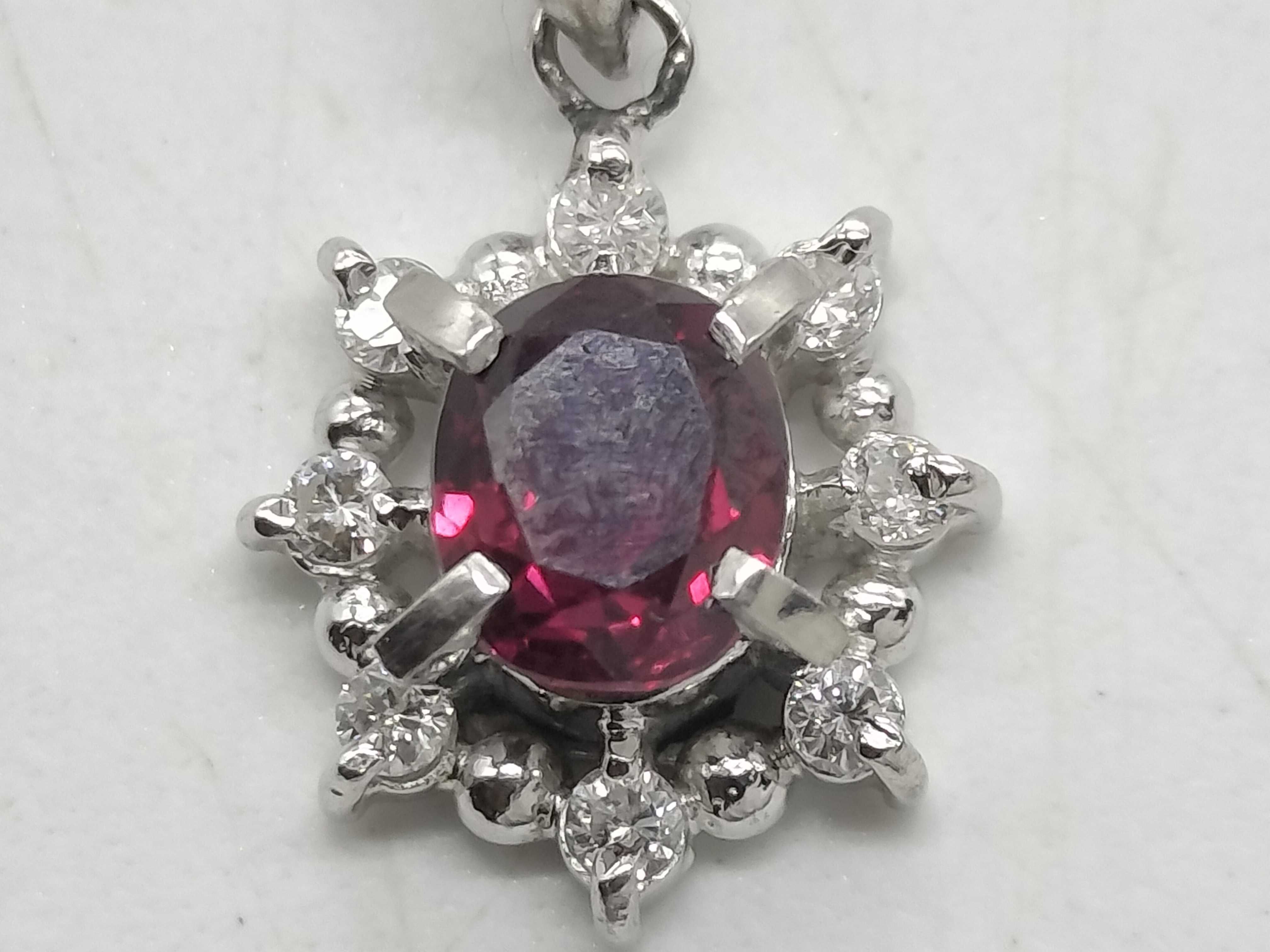 Platinum, Ruby, and Diamond Halo Pendant Necklace