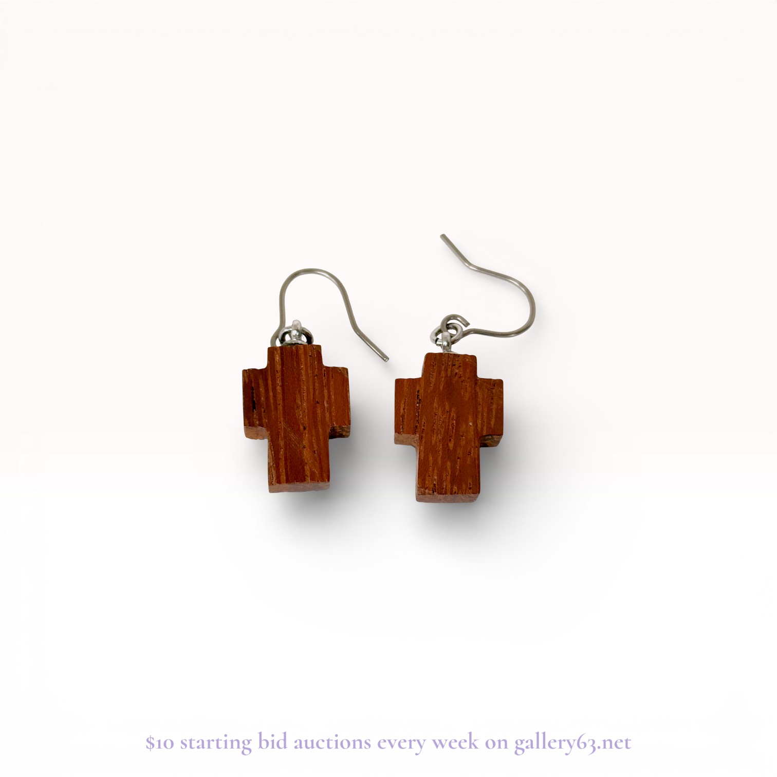 A Pair of Carved Wood Cross Dangle Earrings with Sterling Silver Accents
