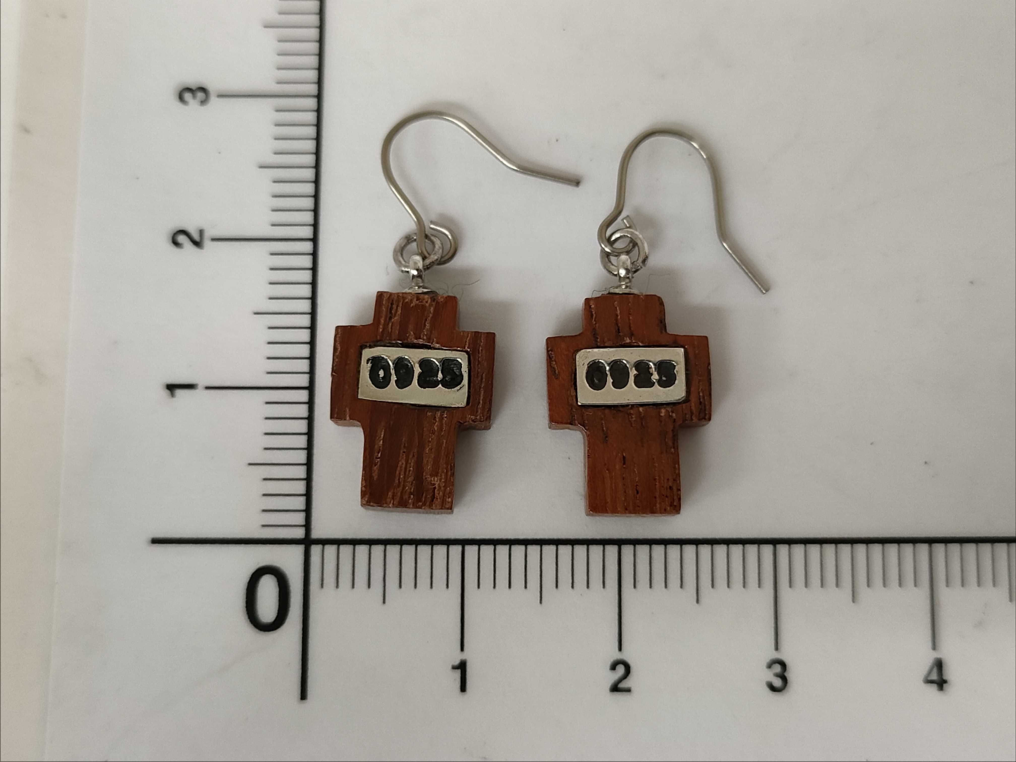 A Pair of Carved Wood Cross Dangle Earrings with Sterling Silver Accents