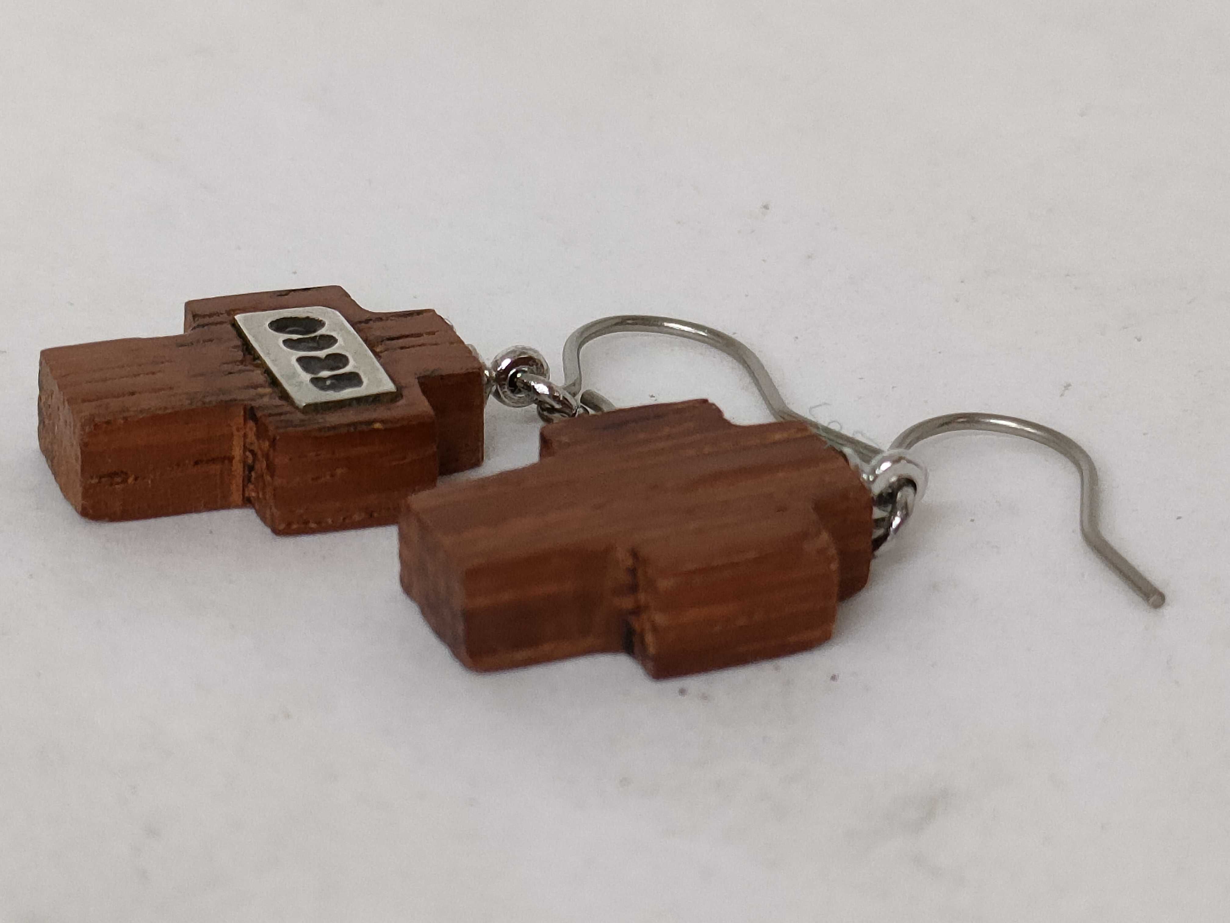 A Pair of Carved Wood Cross Dangle Earrings with Sterling Silver Accents