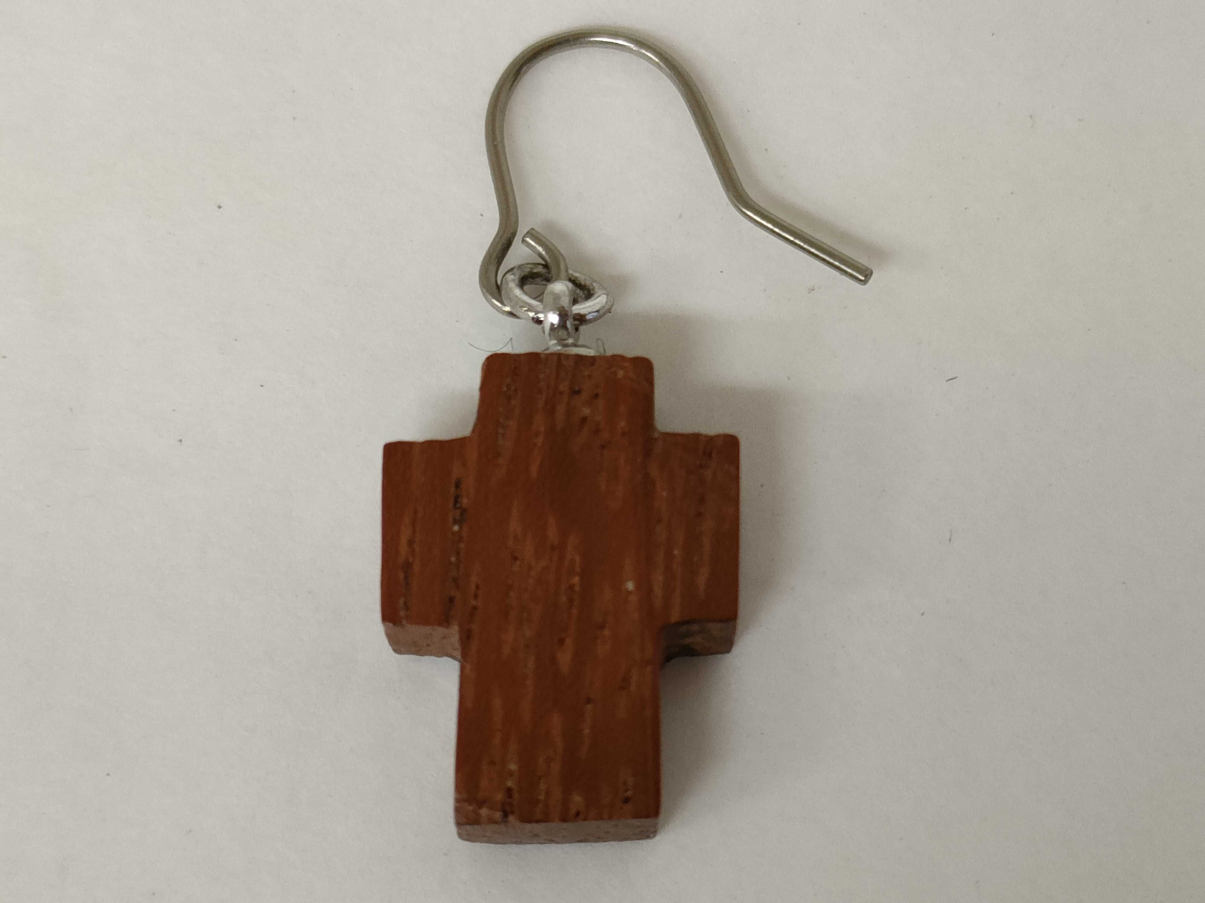 A Pair of Carved Wood Cross Dangle Earrings with Sterling Silver Accents